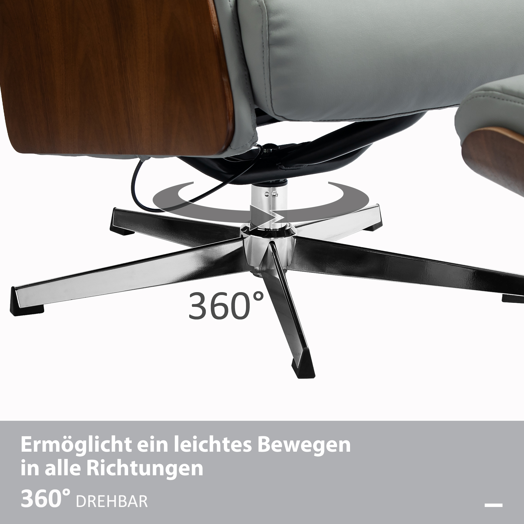 HOMCOM Relaxstoel met Hoker, Ligfunctie, Draaibaar, Lederoptiek, tot 150 kg, Lichtgrijs