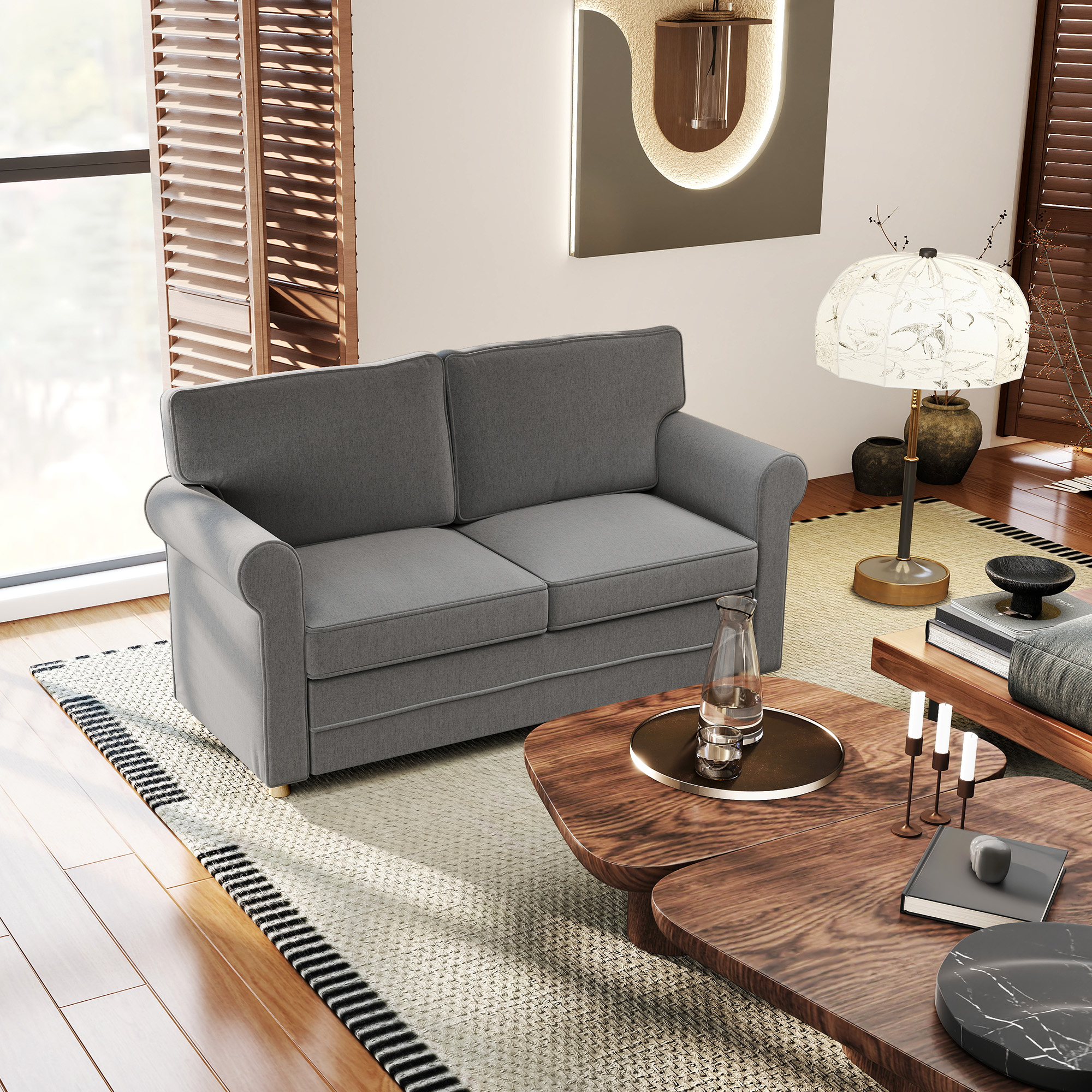 HOMCOM 2-zitsbank, Compacte Woonkamerbank, Stof in Linnenlook, Zachte Zitkussens, Stalen Frame, Donkergrijs