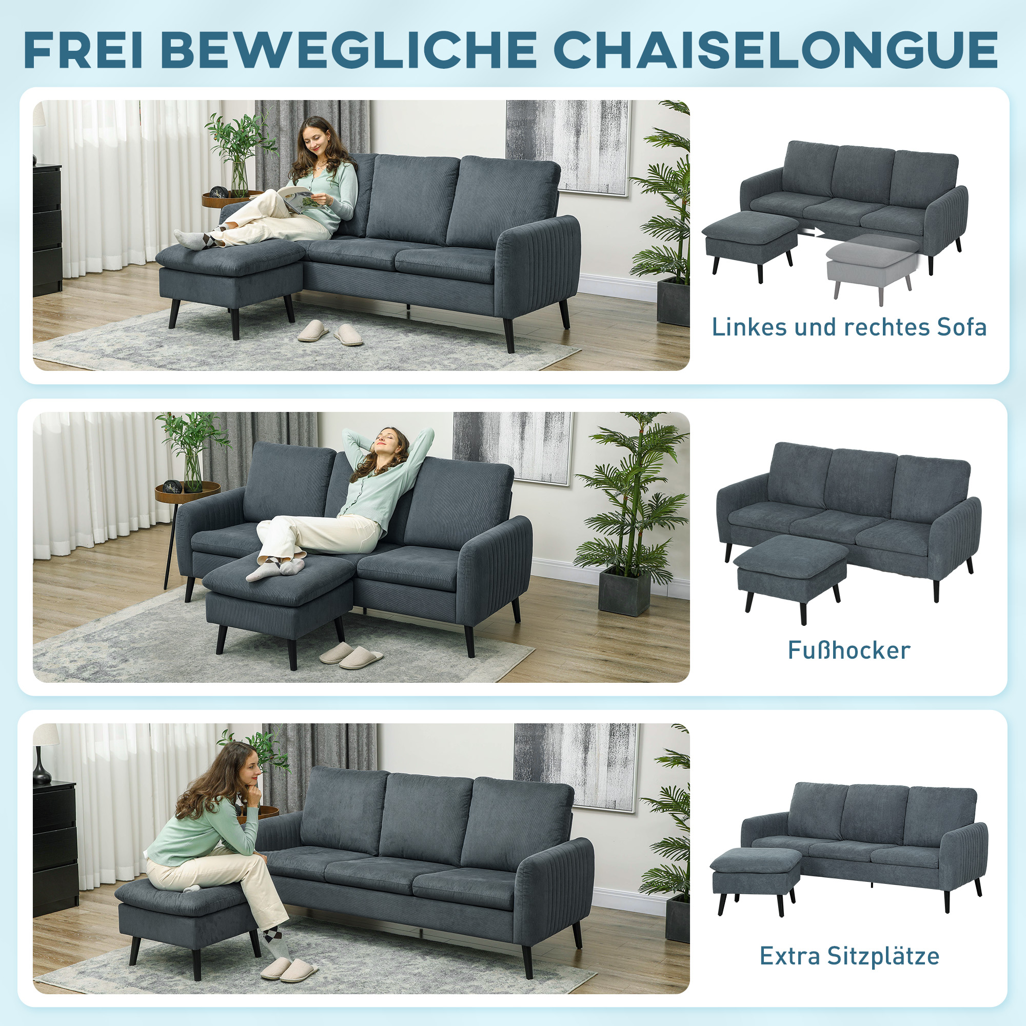 HOMCOM Hoekbank, 3-zitsbank met Voetenbank, Stoffen Bekleding, L-vormige Bankset, Donkergrijs