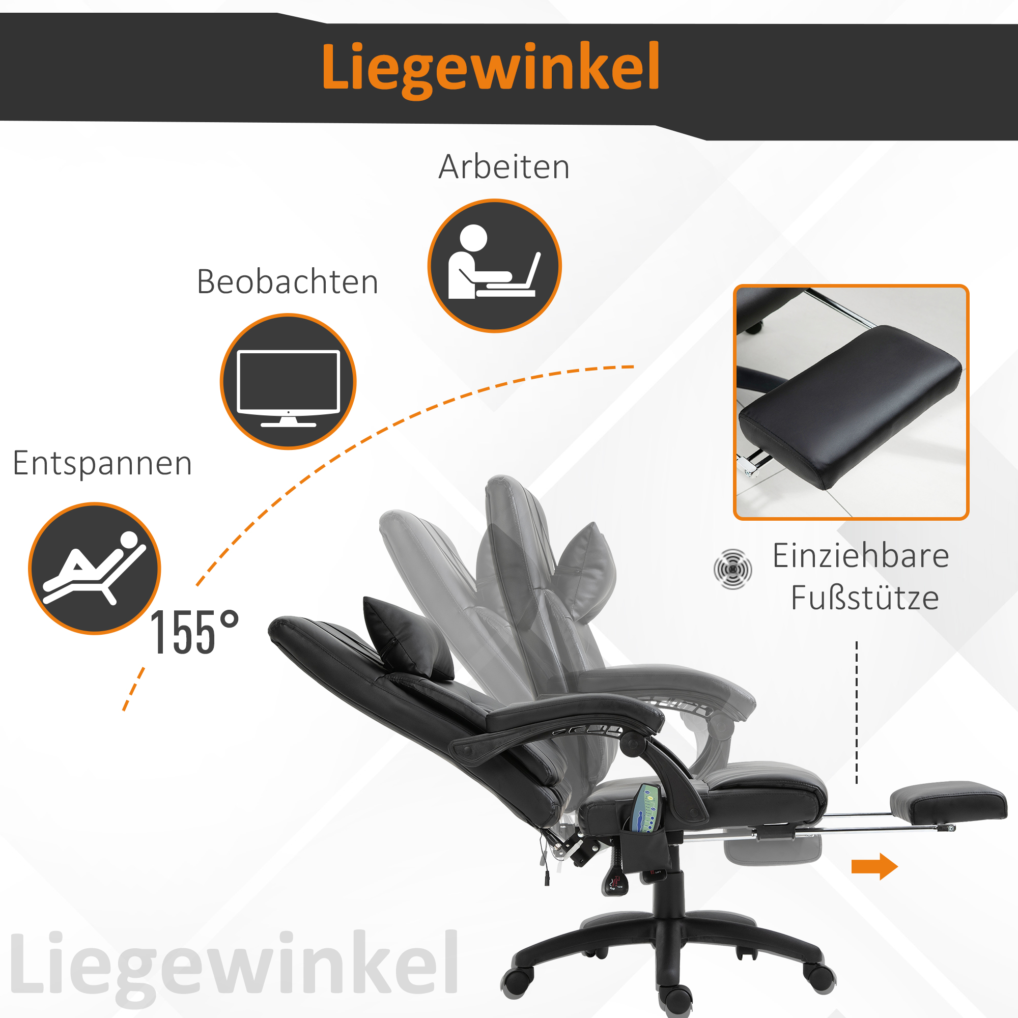 Vinsetto massagestoel directiestoel met warmtefunctie Massagefunctie 7 massagepunten, in hoogte verstelbare draaistoel met voetensteun, hoofdsteun, modern schuim PVC zwart 68 x 79 x 104-112 cm