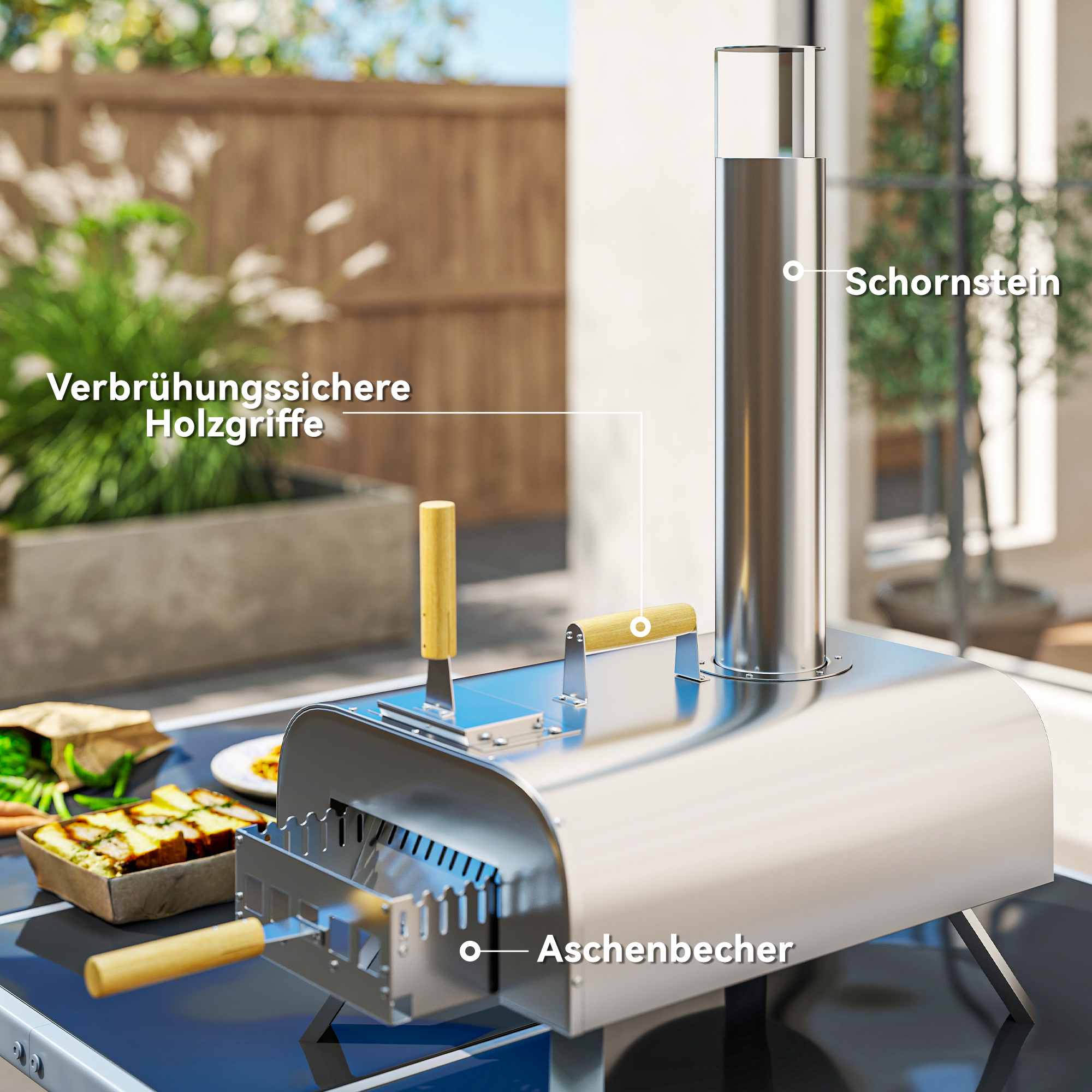 Outsunny Outdoor Pizzaoven, Draagbare Pizza-Oven met Pizzasteen en Schep, Opvouwbare Poten, Schoorsteen, Roestvrijstaal