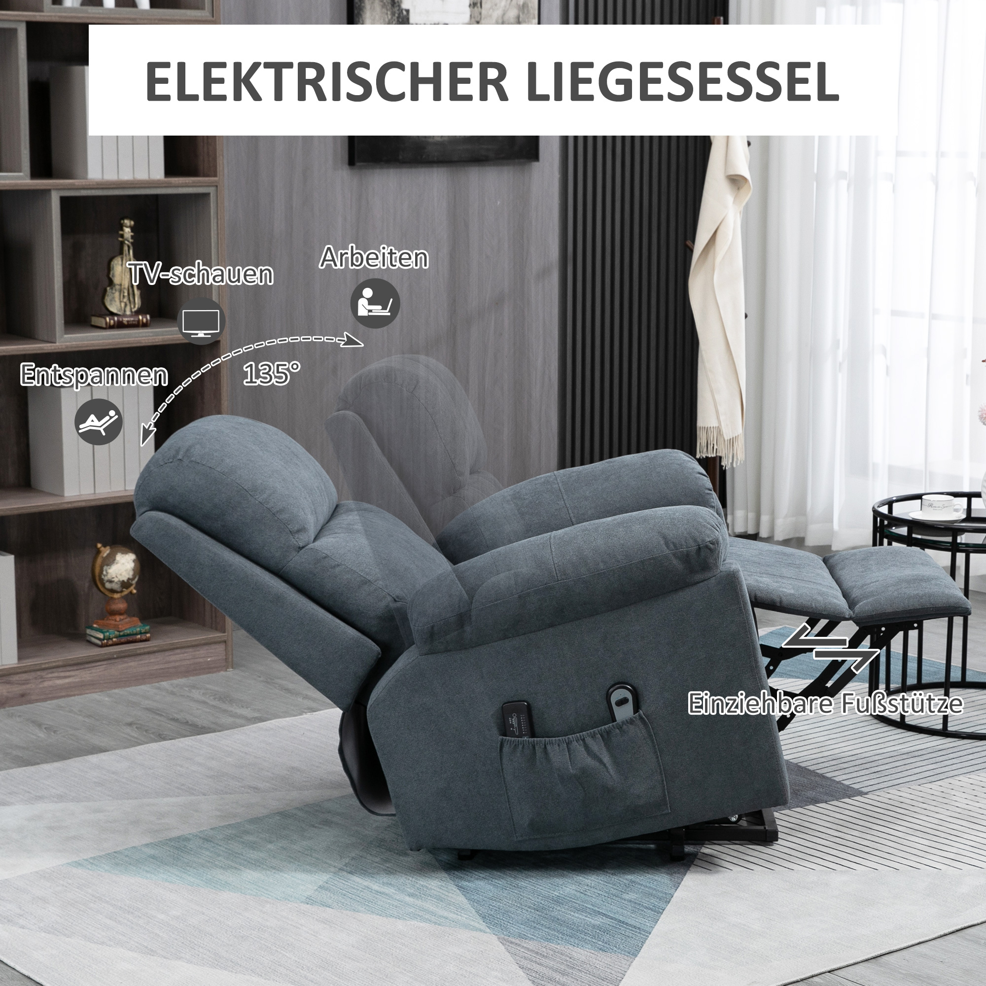 HOMCOM Massagestoel met opstaan hulp, 8 vibratiemotoren, inclusief afstandsbediening, donkergrijs