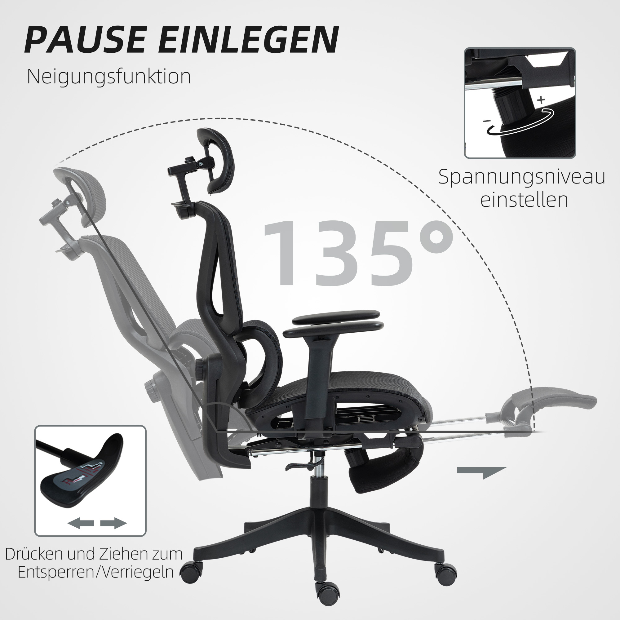HOMCOM Bureaustoel, Ergonomisch Draaibaar, 135 Graden Kantelbaar, Verstelbaar, Zwart
