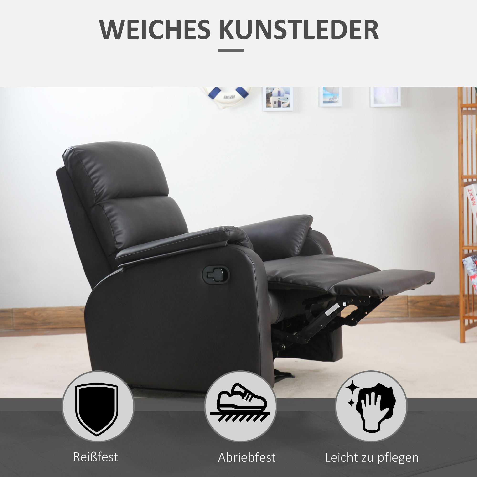 HOMCOM relaxstoel tv stoel bank stoel ligstoel verstelbaar ergonomisch kunstleer staal bruin + zwart 75 x 92 x 99 cm