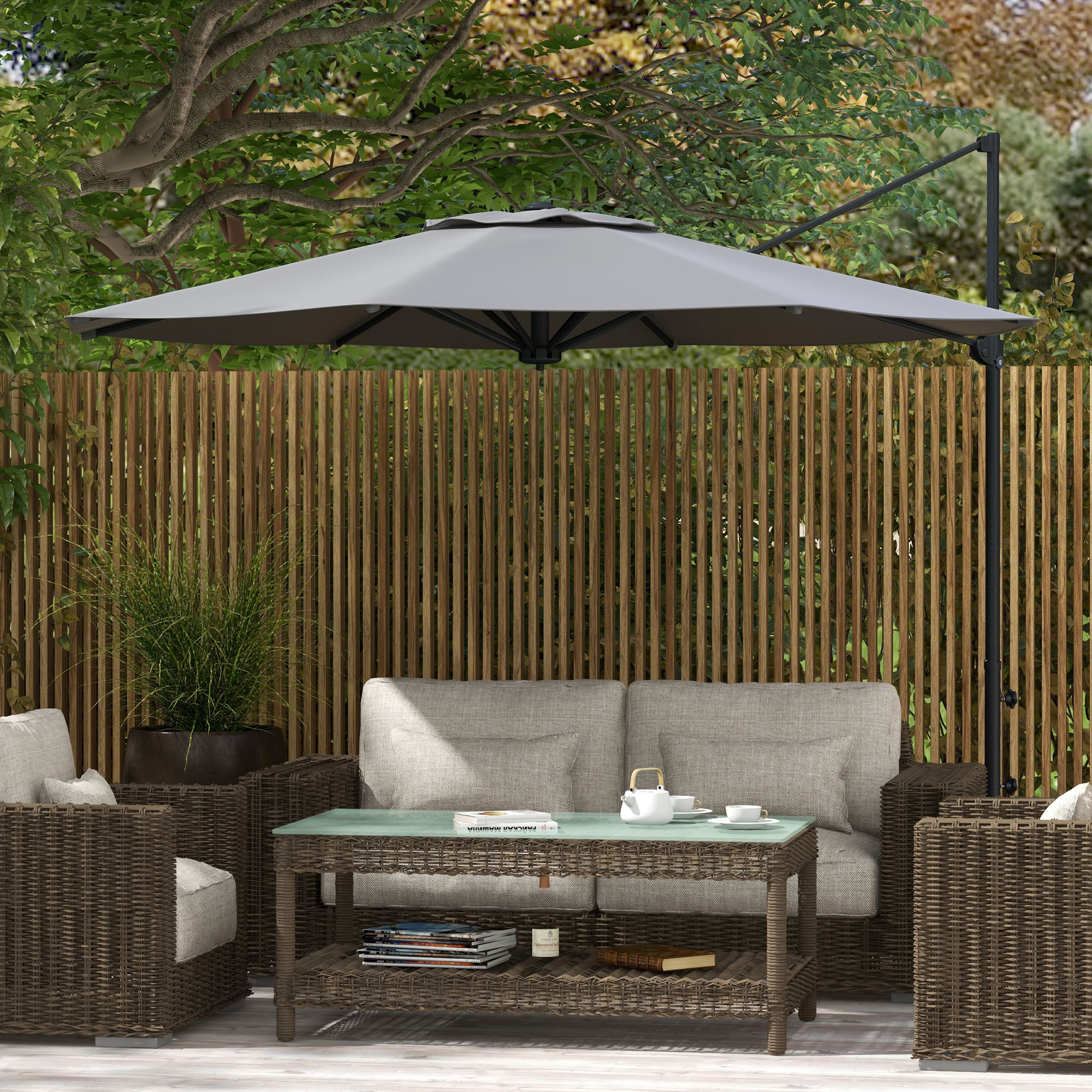 Outsunny Ø3 m Zweefparasol, kantelbaar, draaibaar, handmatig bedienbaar, windkap, metalen mast, donkergrijs