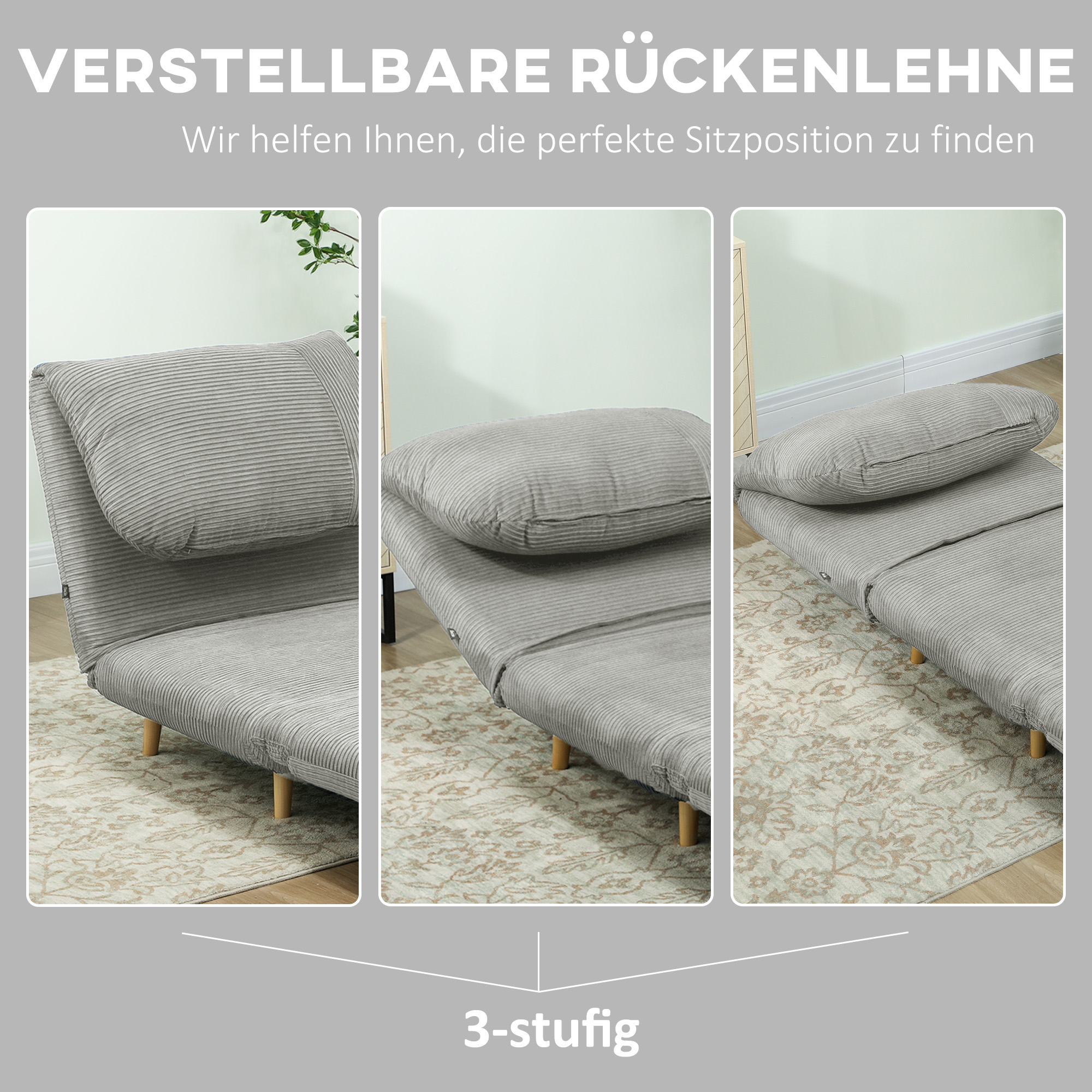 HOMCOM 2-in-1 Slaapstoel Logeerbed, verstelbare hoofdsteun in corduroylook 82 cm x 89 cm x 83 cm Grijs