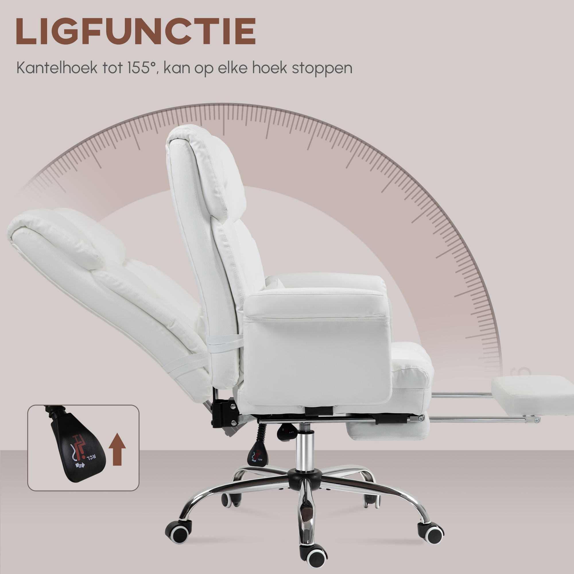 HOMCOM Ergonomische Bureaustoel, In Hoogte Verstelbaar 48-56 cm, Kantelbare Rugleuning, Voetsteun, Wit