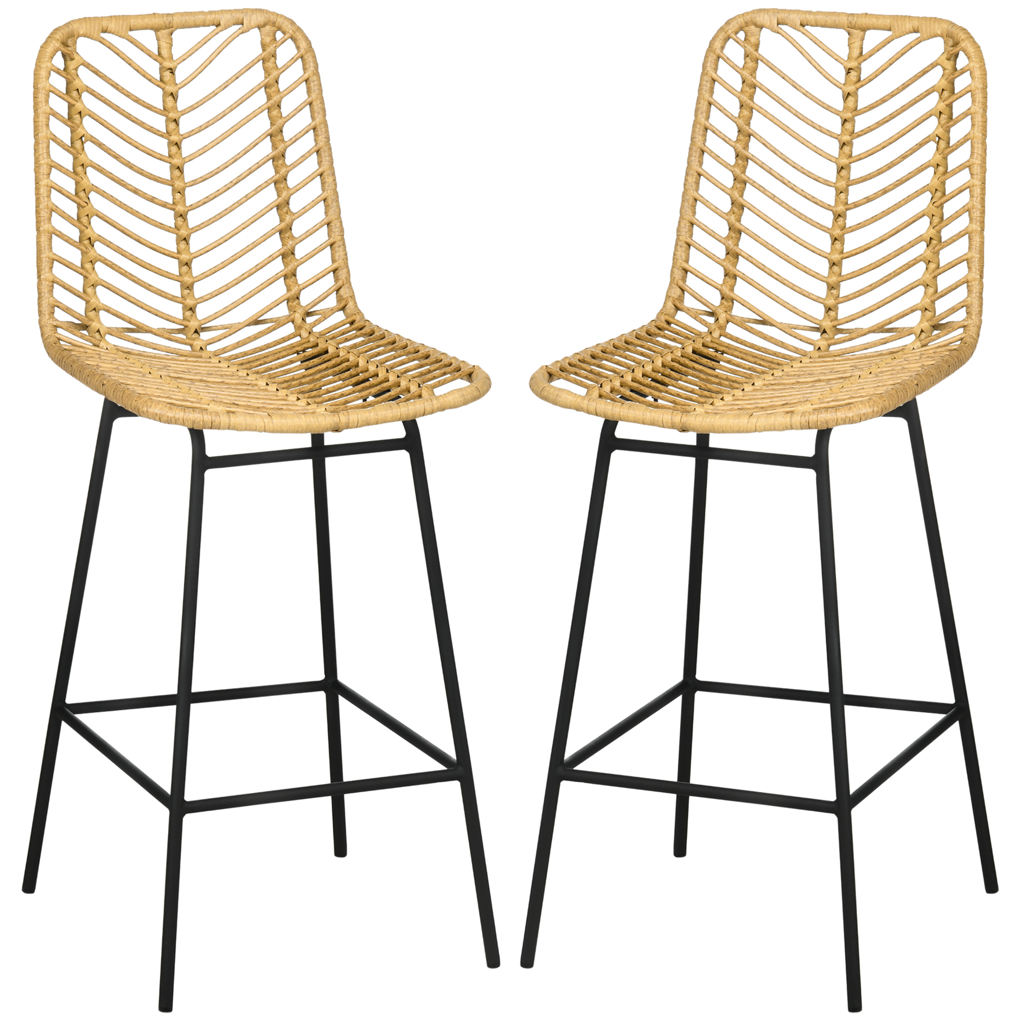 HOMCOM Set van 2 barkrukken in boho-design, PE-rotan, inclusief voetsteun, 42,5 cm x 52 cm x 102 cm, geel+zwart