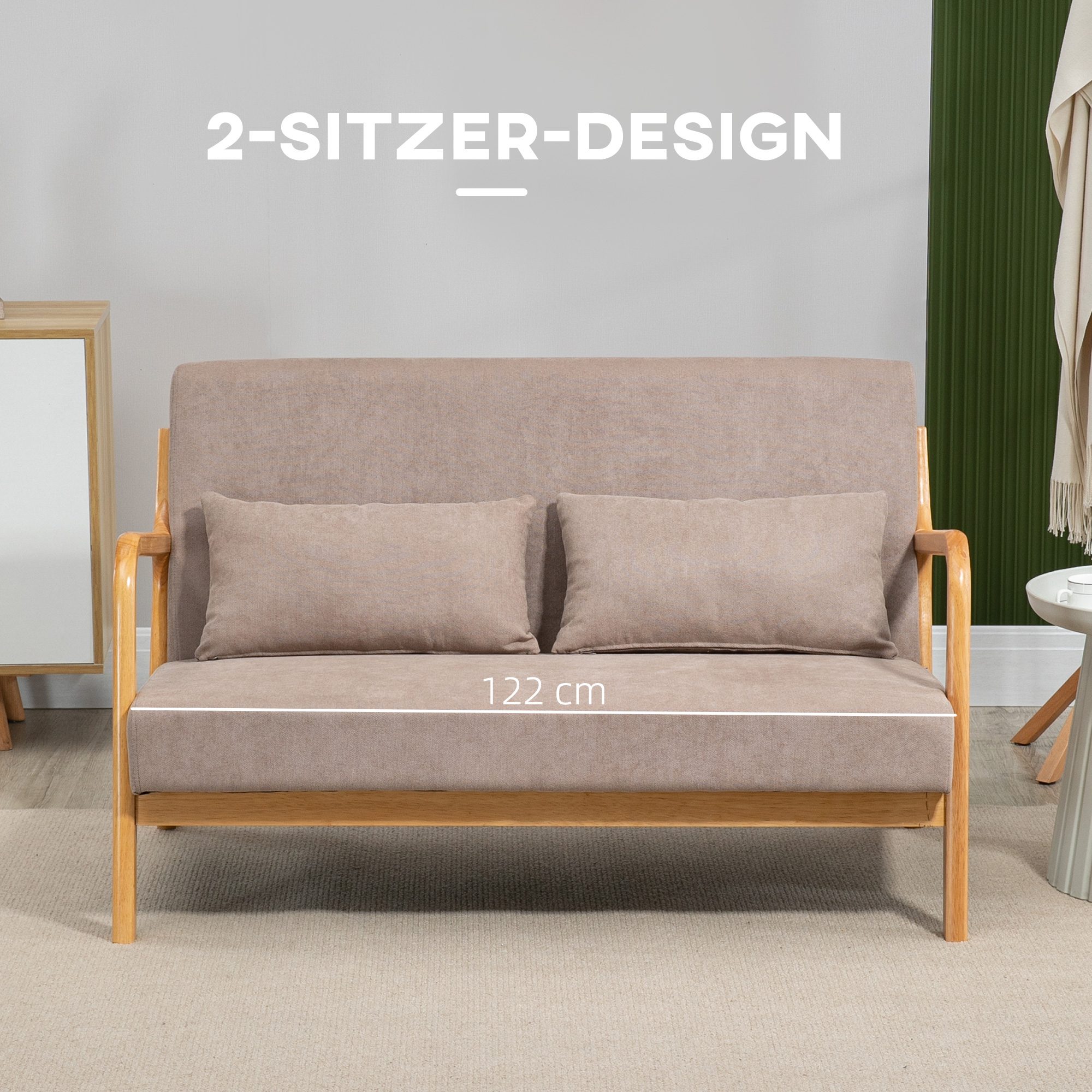 HOMCOM 2-zitsbank, kleine bank, retro-design, 2 kussens, rubberhout, bruin + naturel