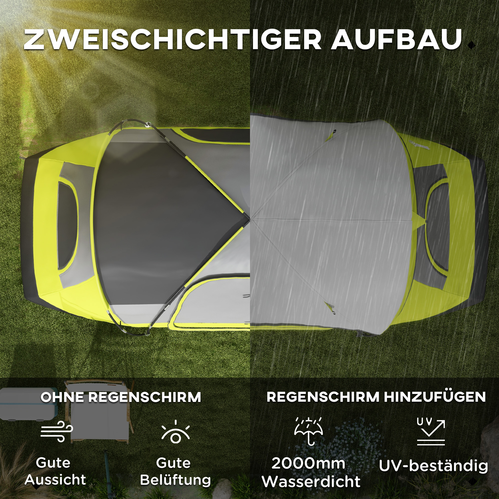 Outsunny Campingtent, 2 Kamers, Scheidingswand, voor 6 Personen, Regenbescherming, Donkergroen