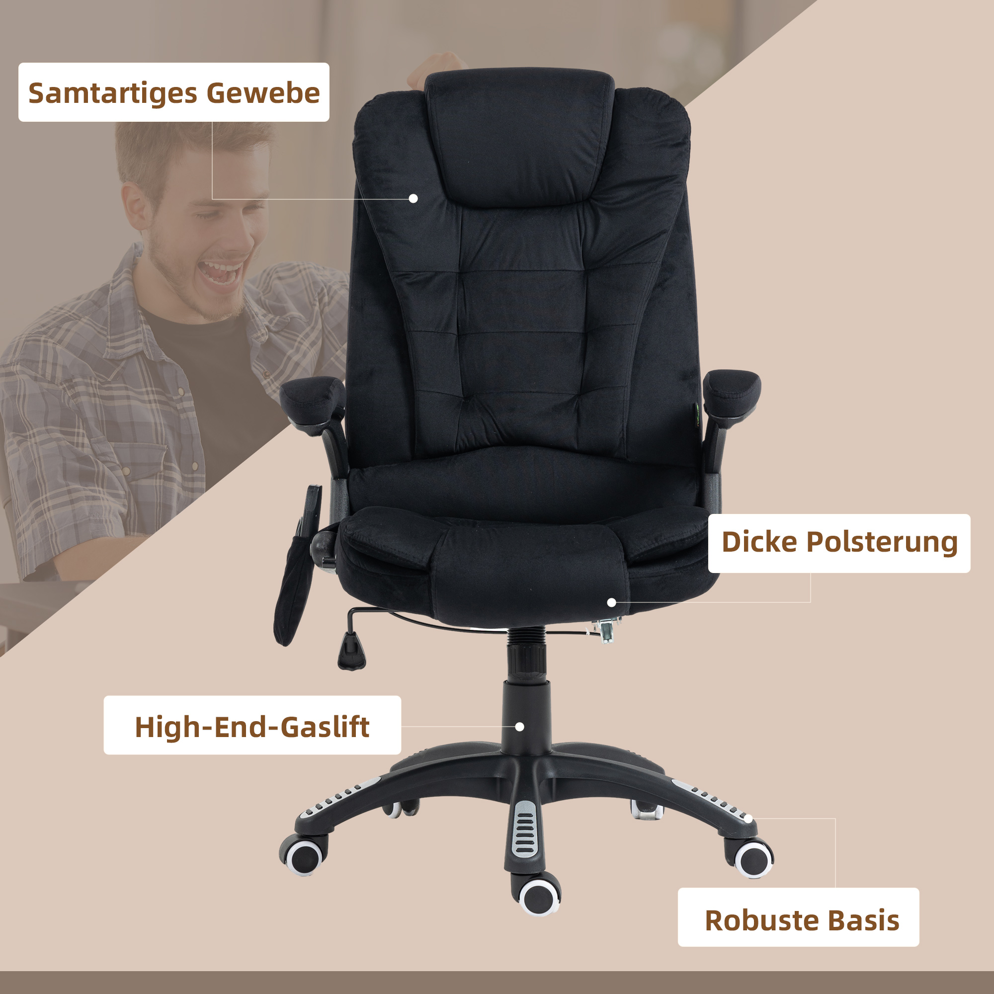 Vinsetto Bureaustoel met Massage- & Verwarmingsfunctie, Ergonomisch, Hoogteverstelbaar, Zwart