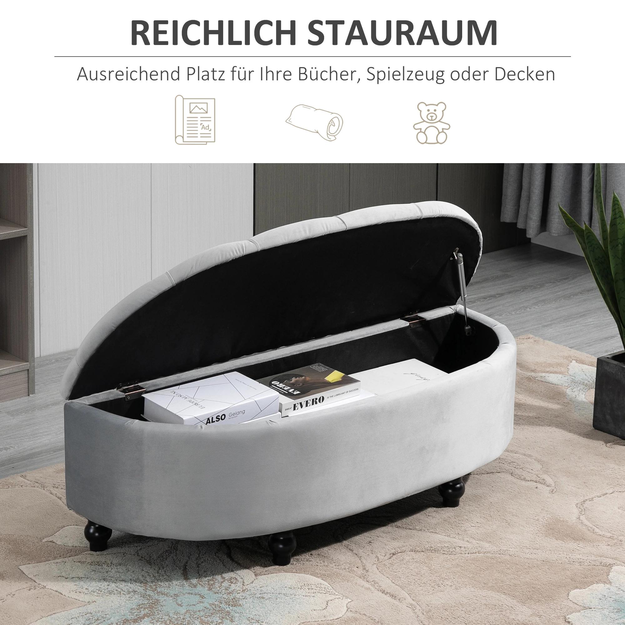 HOMCOM bank ottoman zitbank opbergdoos poef met opbergruimte open deksel voor slaapkamer velvet touch rubber hout grijs 120 x 46 x 42 cm