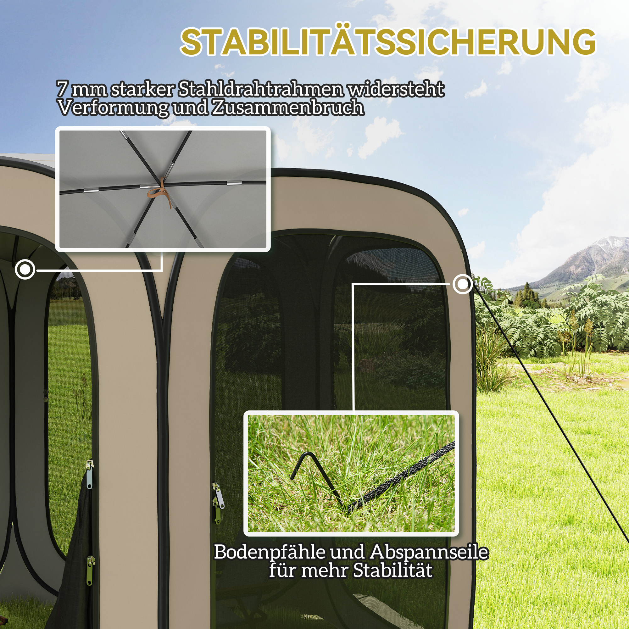 Outsunny Pop-up Campingtent, Draagbaar, UPF50+ Bescherming, Mesh-Zijden, Staaldraad, Khaki