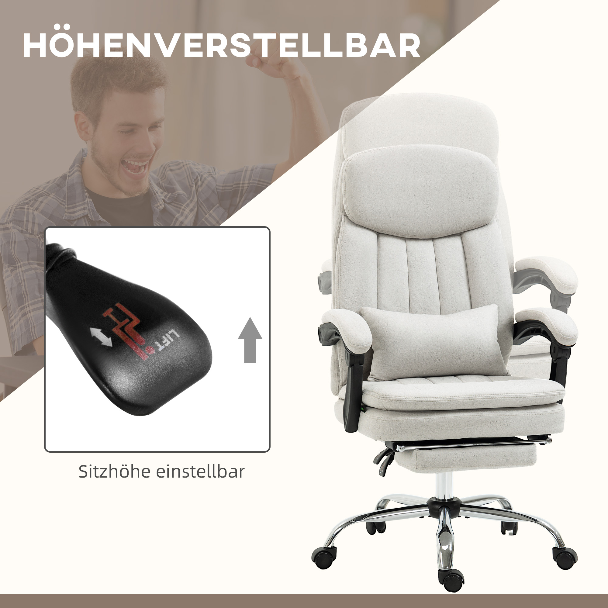 Vinsetto Bureaustoel met Massage- en Warmtefunctie, Ergonomisch, 66x67x110-118cm, Crèmewit
