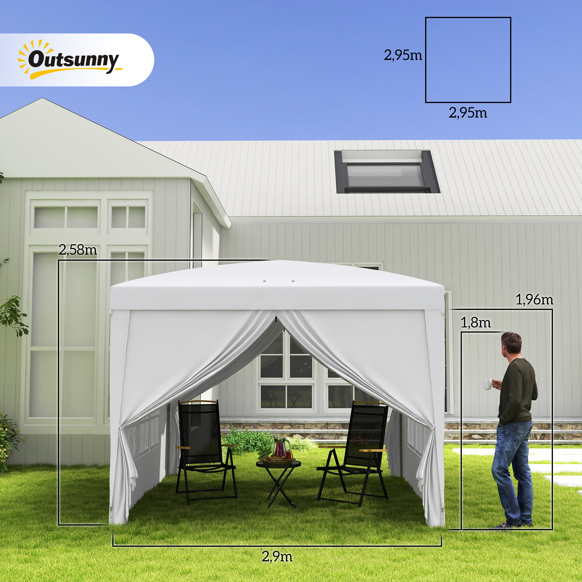 Outsunny Paviljoen, Partytent, 4 afneembare zijwanden, 2 ramen, metalen frame, 2,95 x 2,95 m, Wit