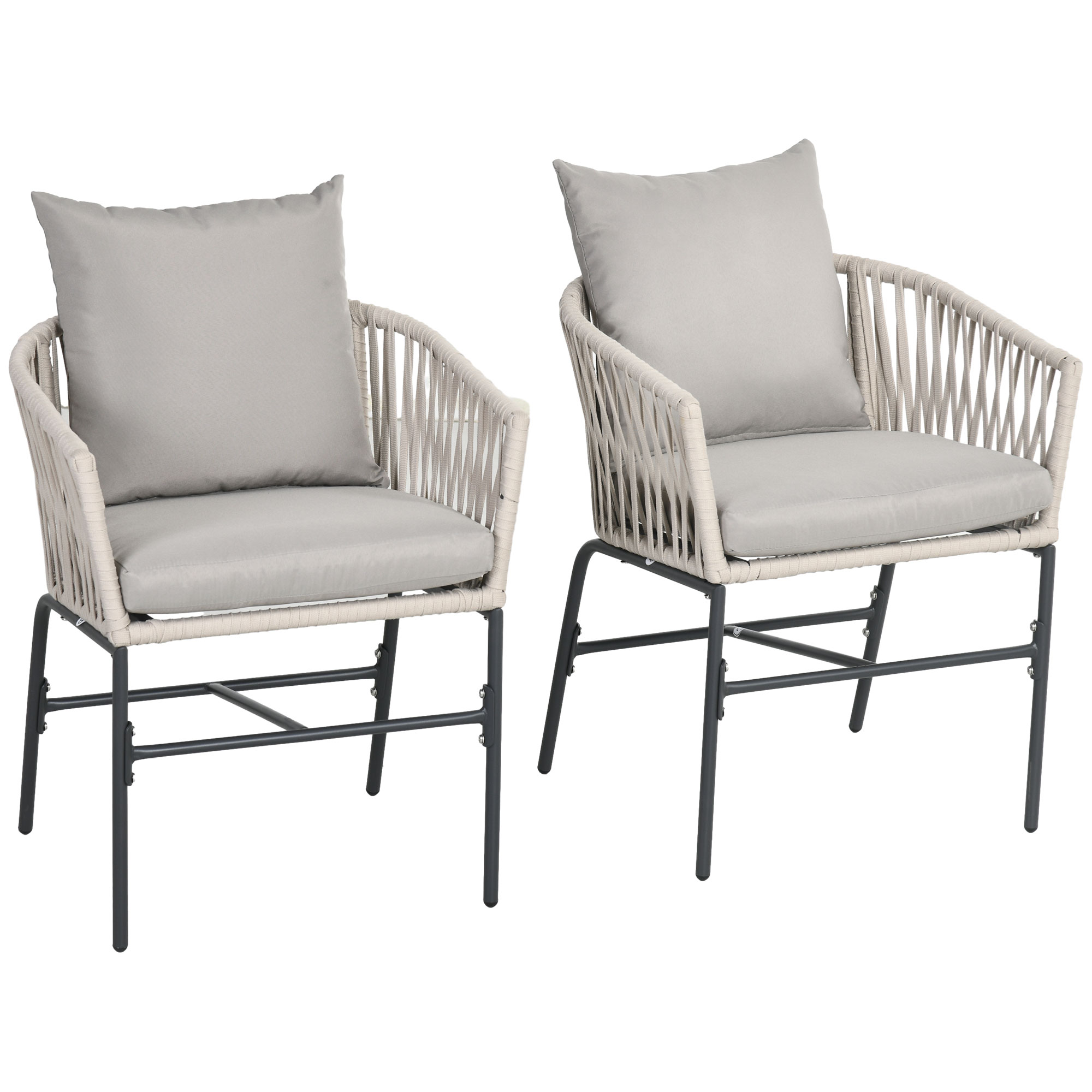 Outsunny Terrasstoel 2-delige set, Boho-stijl, comfortabele zitting, zitkussens, wasbare hoes, metalen frame, Grijs/Beige