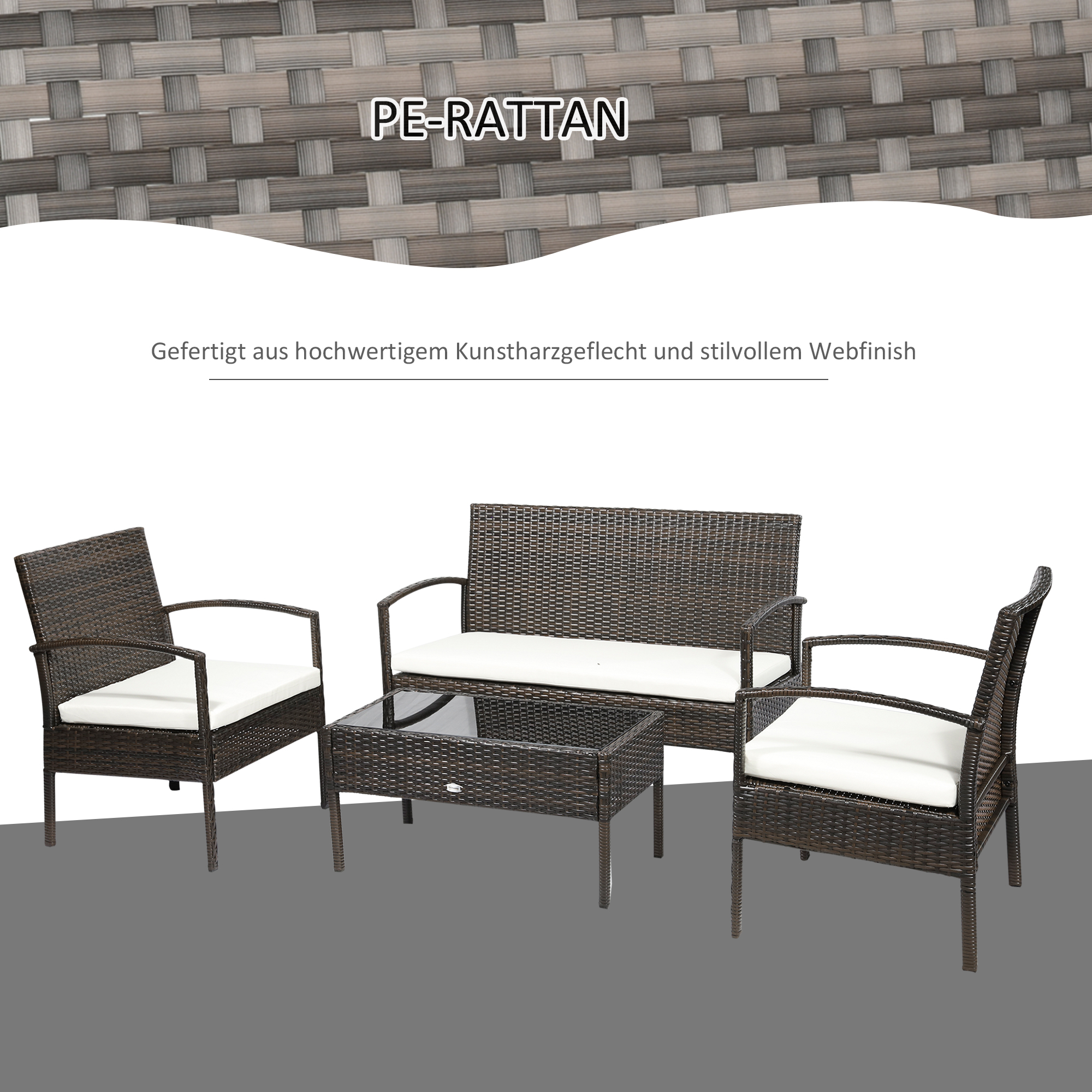 Outsunny poly rotan tuinmeubelset 4 delig bruin+crème wit