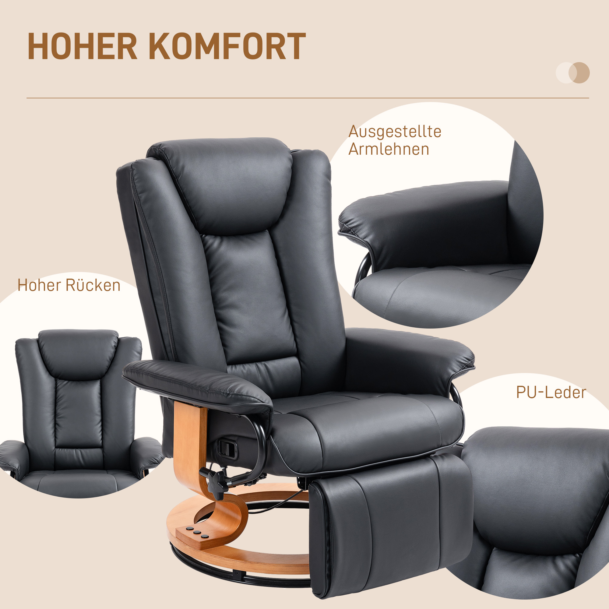 HOMCOM Relaxstoel met Ligfunctie, Draaibaar, tot 150 kg, Kunstlederbekleding, Stalen Frame, Zwart