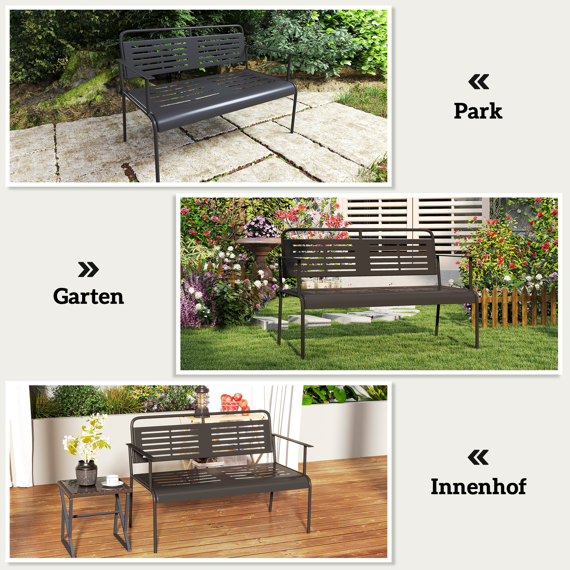 Outsunny 2-Persoons Weerbestendige Tuinbank, Waterbestendige Tuinmeubels met Rug- & Armleuningen 121 x 64 x 84cm, Zwart