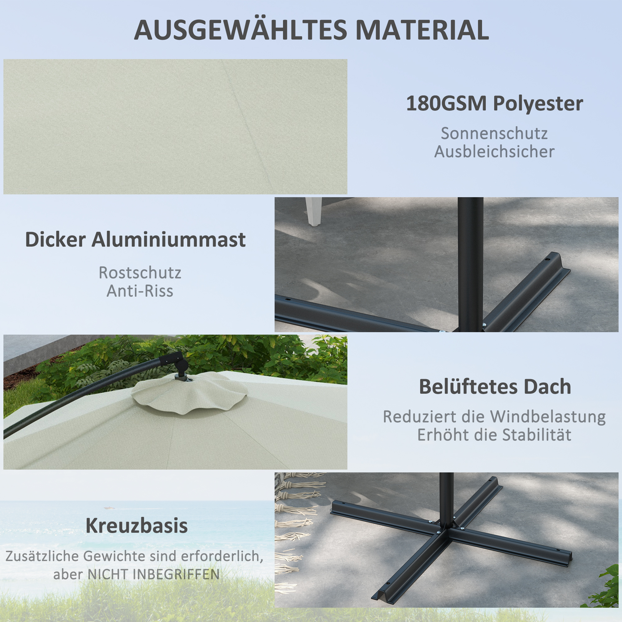 Outsunny Parasol Ampelscherm, inclusief Kruisvoet, 293 x 293 x 260 cm, Crème