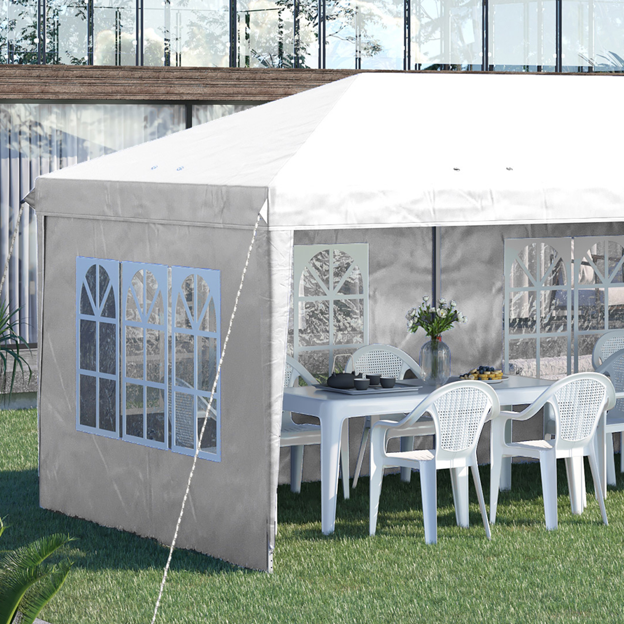 Outsunny Opvouwbare paviljoen, feesttent, 4 grote ramen, afneembare zijwanden, metalen frame, 5,85 x 2,95 x 2,7 m, wit