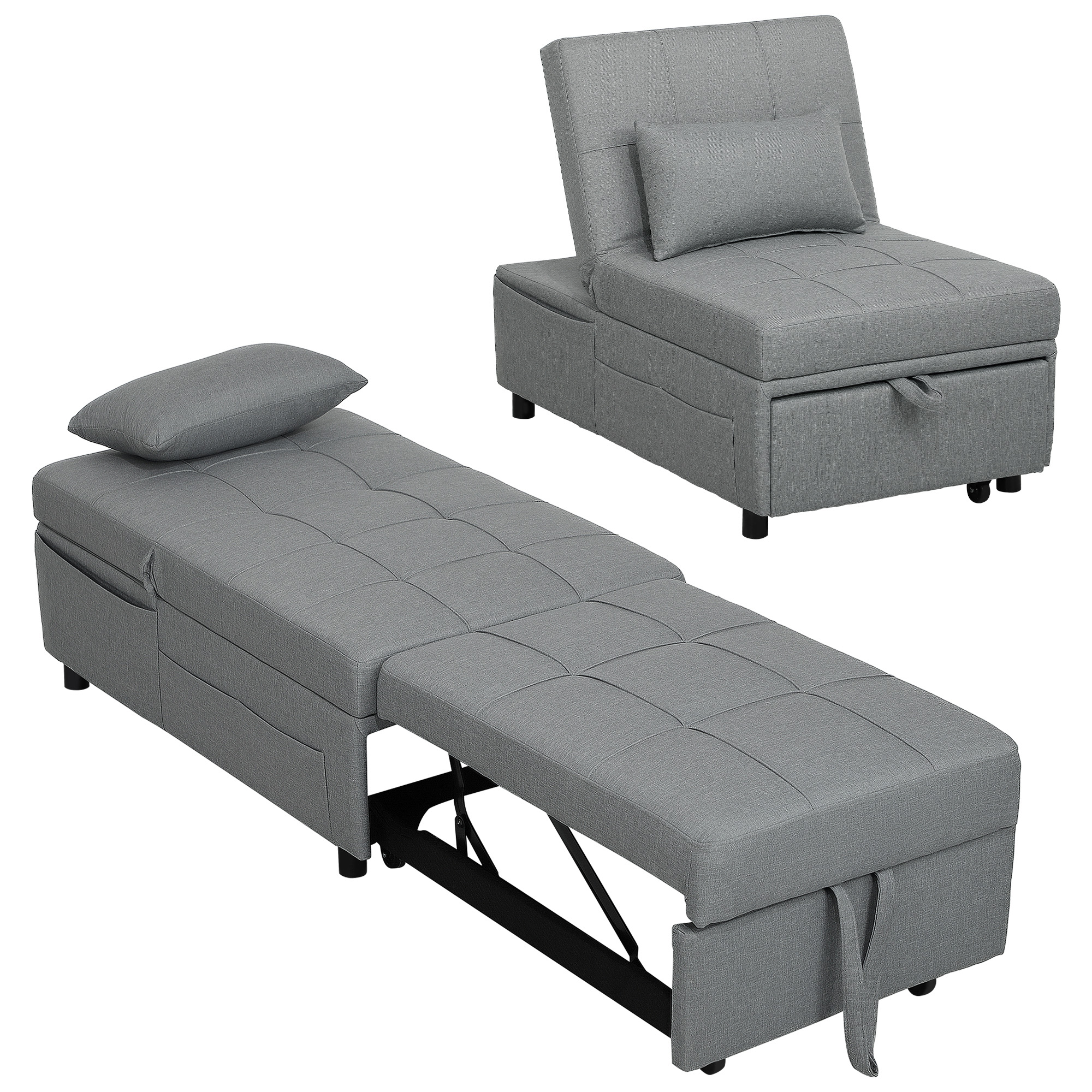 HOMCOM 3-in-1 Opklapbare Fauteuil met Zijvak, Gastenbed met Kussen, Verstelbare Rugleuning, Slaapstoel met Wielen, Lichtgrijs