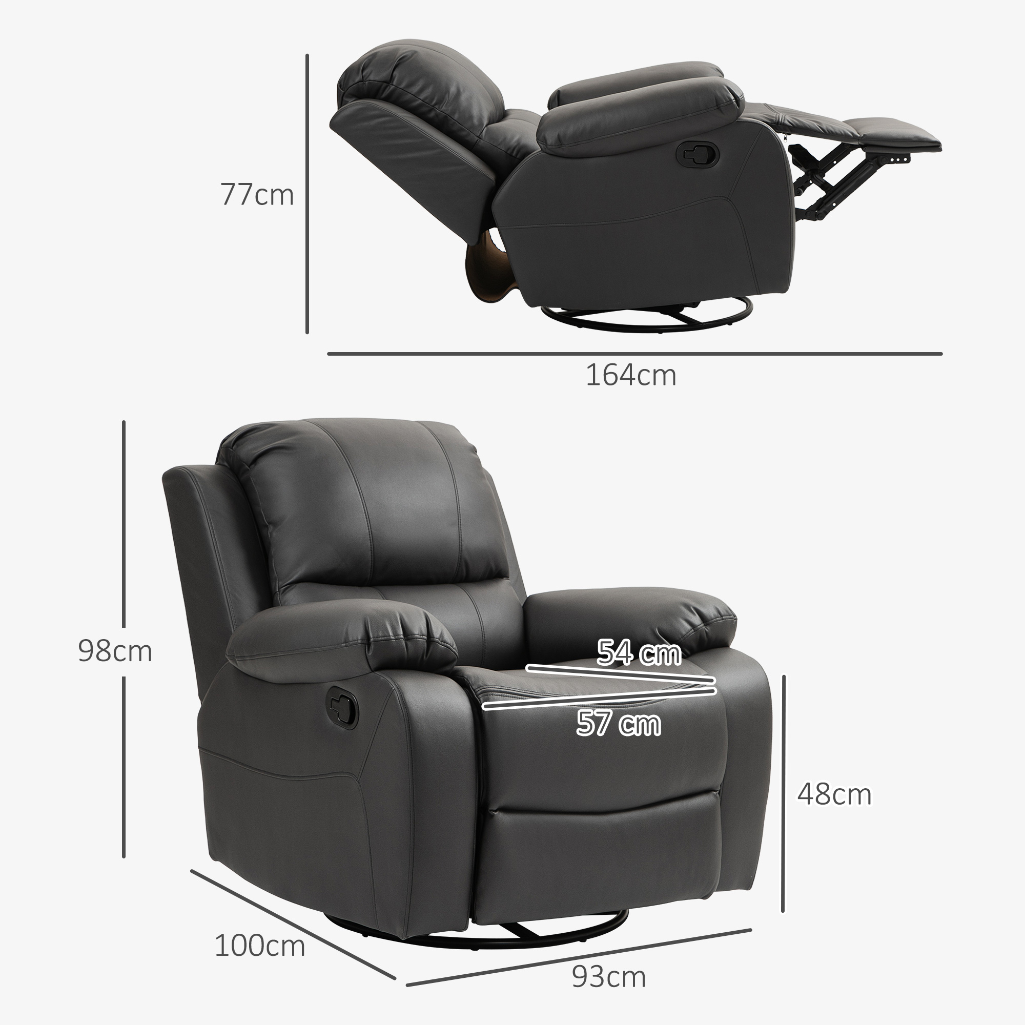 HOMCOM Relaxstoel, Verstelbare Leuning & Voetsteun, Draaibaar, tot 150 kg, Stalen Frame, 93x100x98cm, Zwart