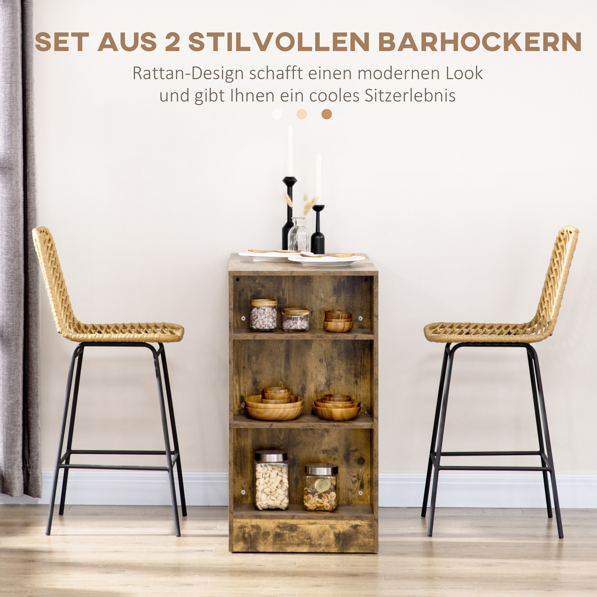 HOMCOM Set van 2 barkrukken in boho-design, PE-rotan, inclusief voetsteun, 42,5 cm x 52 cm x 102 cm, geel+zwart