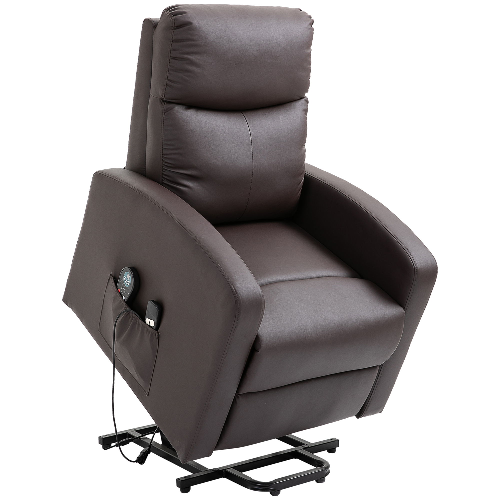 HOMCOM Massagestoel met opstaan hulp, relaxstoel, ligstoel, hoofdsteun, 8 vibratiepunten, 2 afstandsbedieningen, bruin