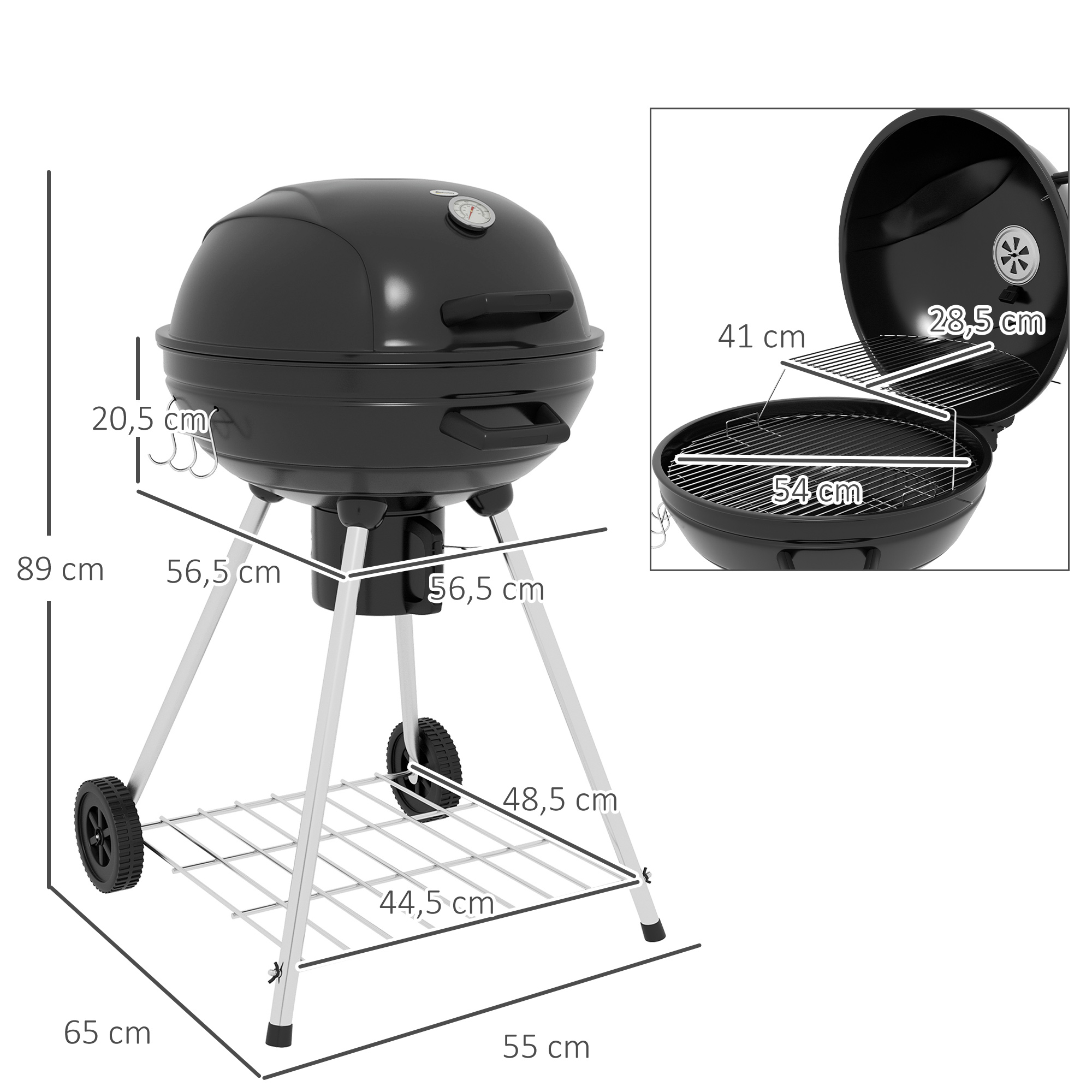 Outsunny Kogelbarbecue, Ø54 cm grillrooster, warmhoudrooster, opbergplank, aslade, thermometer, 55 x 65 x 89 cm, zwart
