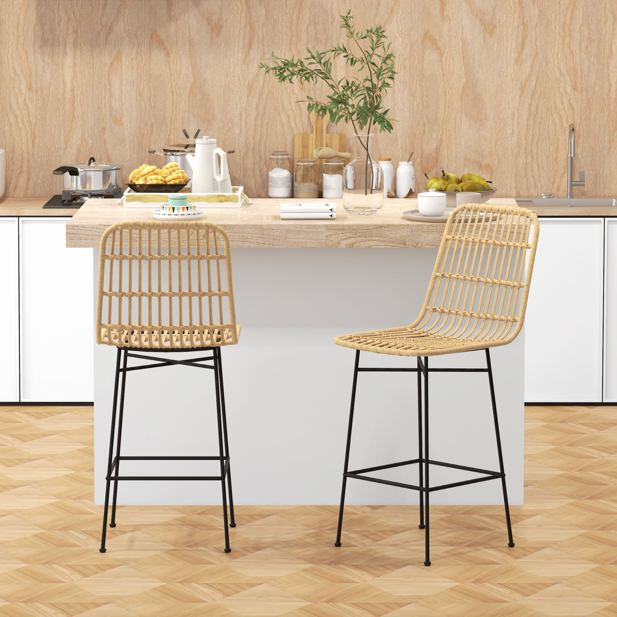HOMCOM Barkruk Barstoel, Boho-stijl, PE-rattan, 45 x 53,5 x 105 cm, Natuur + Zwart