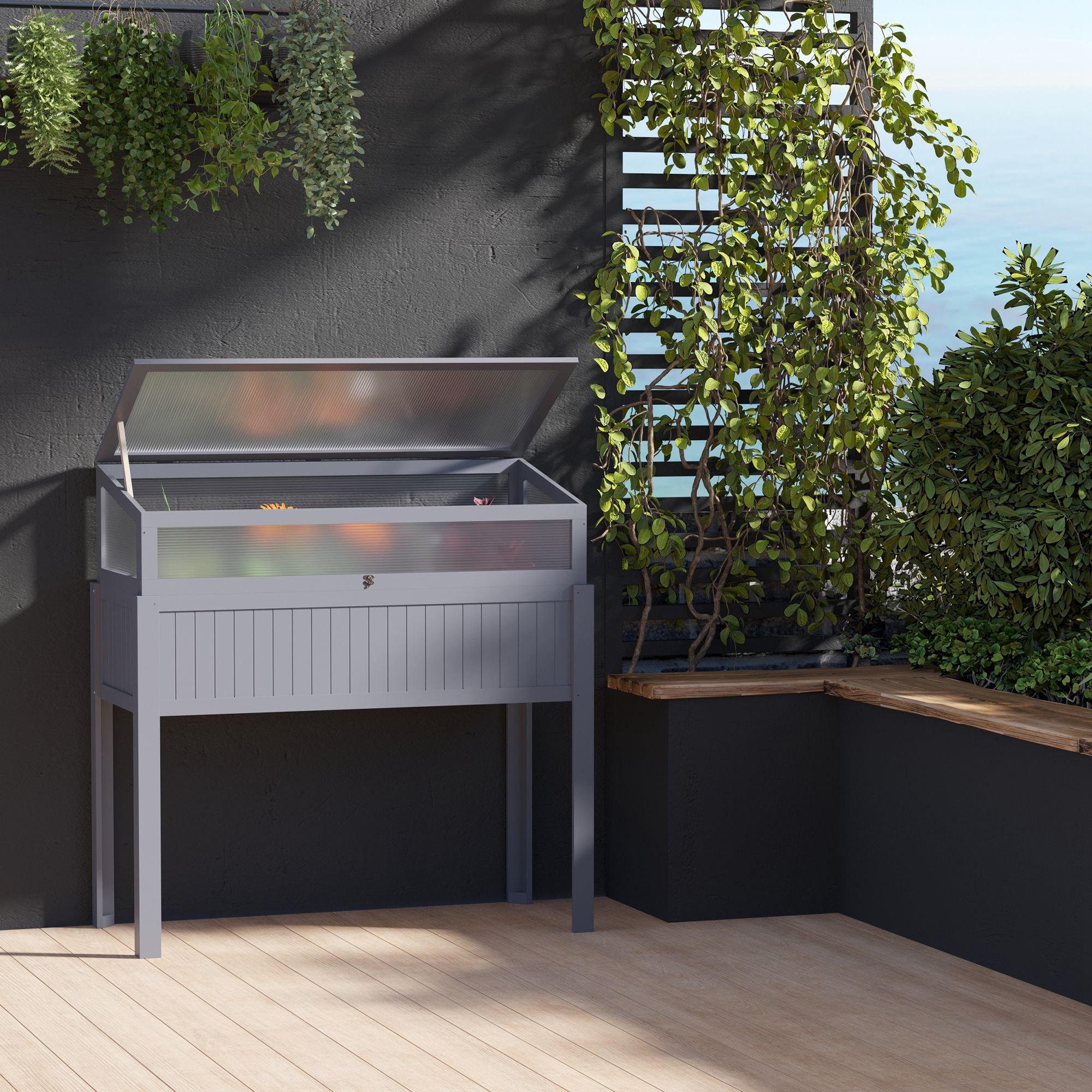 Outsunny Verhoogd Bed Hout met Koud Frame 2-in-1 Kas Tomatenhuis Groentebed Kruidenbed Plantenbak voor Tuin Balkon en Terras Polycarbonaat Grijs 120 x 54 x 112/122 cm