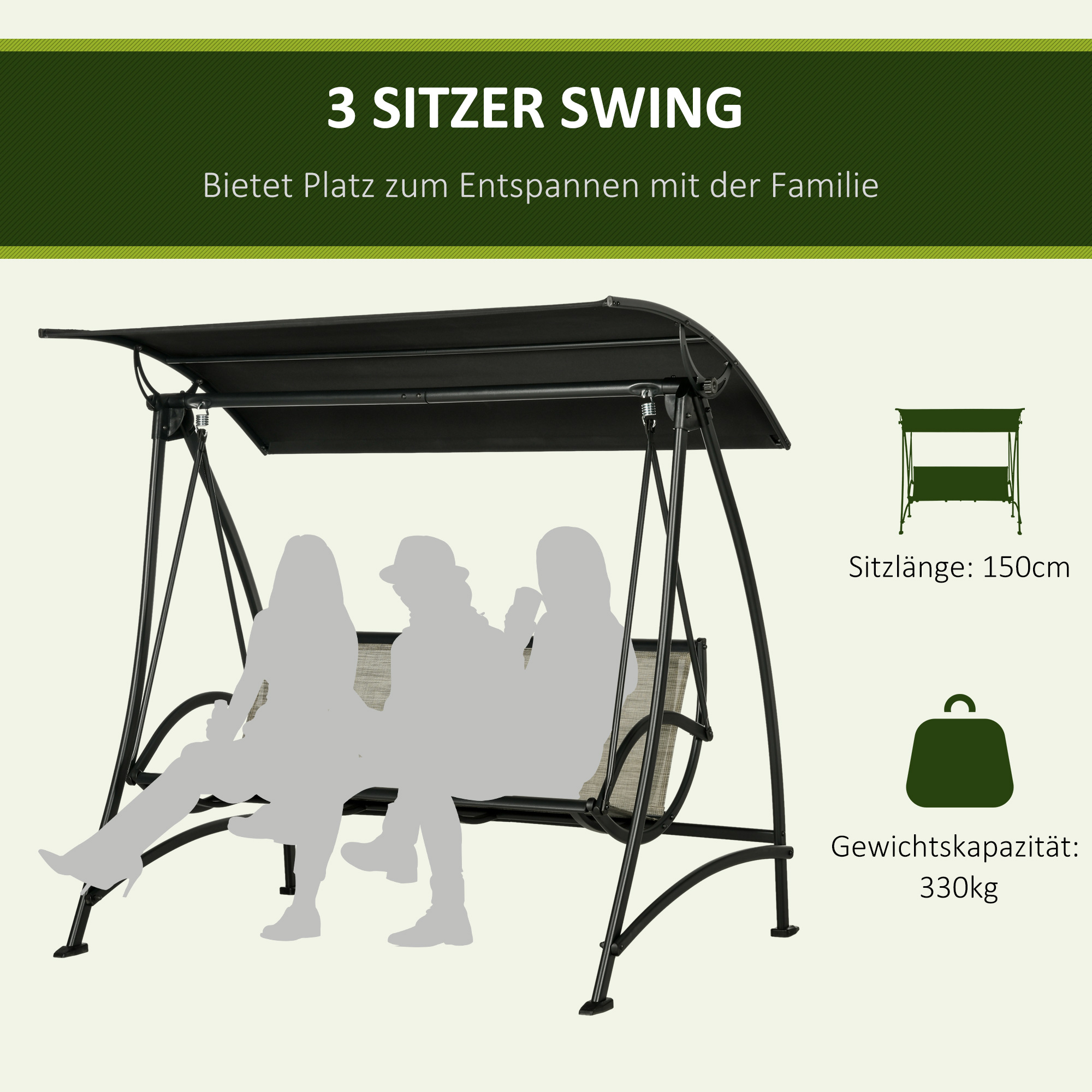 Outsunny Schommelbank voor 3 personen, verstelbaar dak, weerbestendig, stalen frame, zwart/bruin