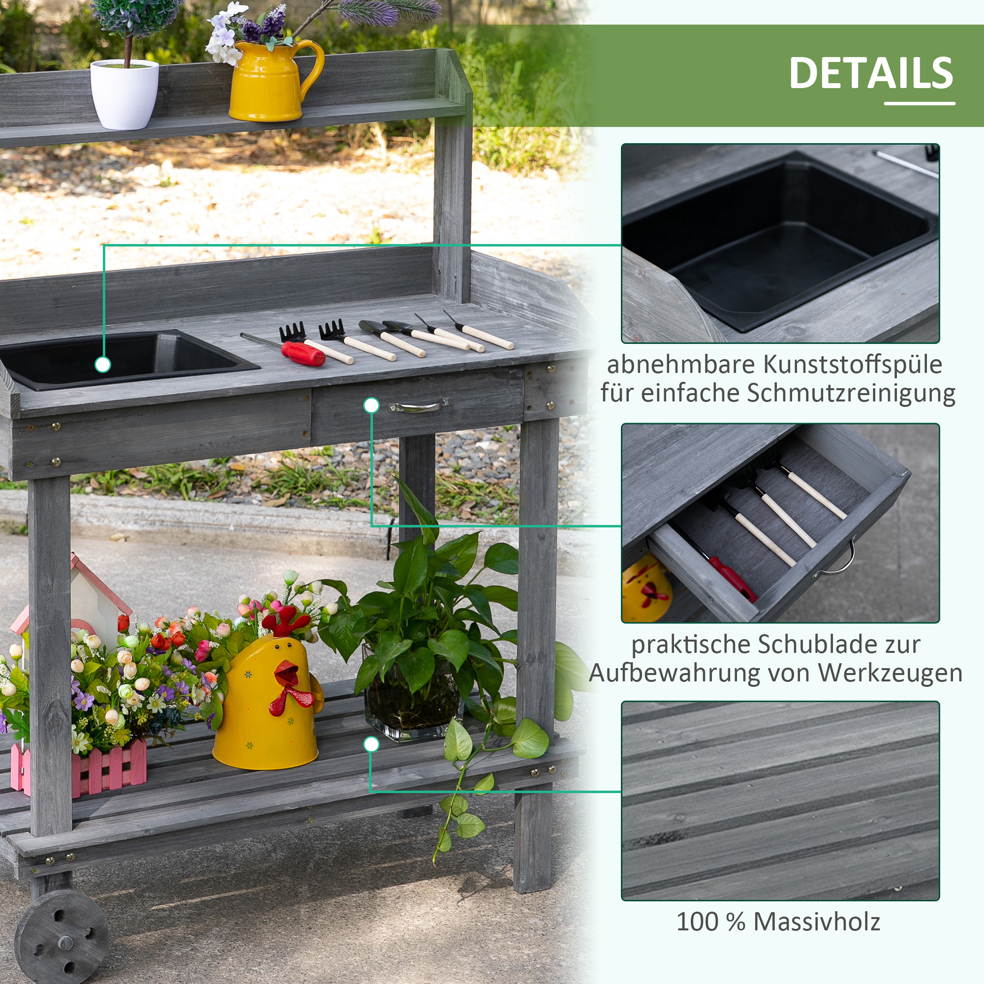 Outsunny plantentafel met schuiflade, 2 niveaus tuintafel met gootsteen en wielen, tuin, dennenhout grijs 92 x 45 x 119 cm