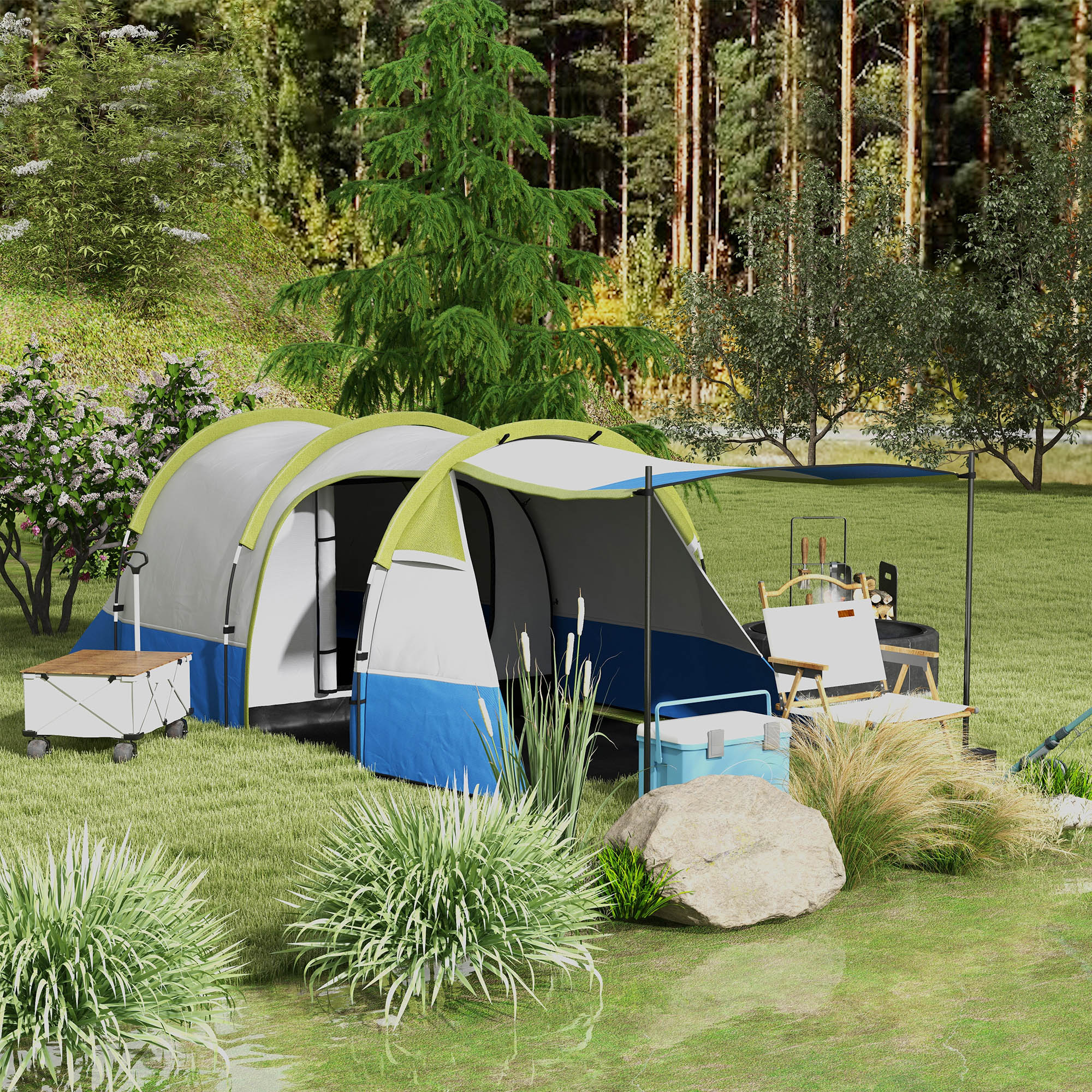 Outsunny Campingtent, voor 3 Personen, Lantaarnhaak, Drie Ingangen, Waterdicht, Groen