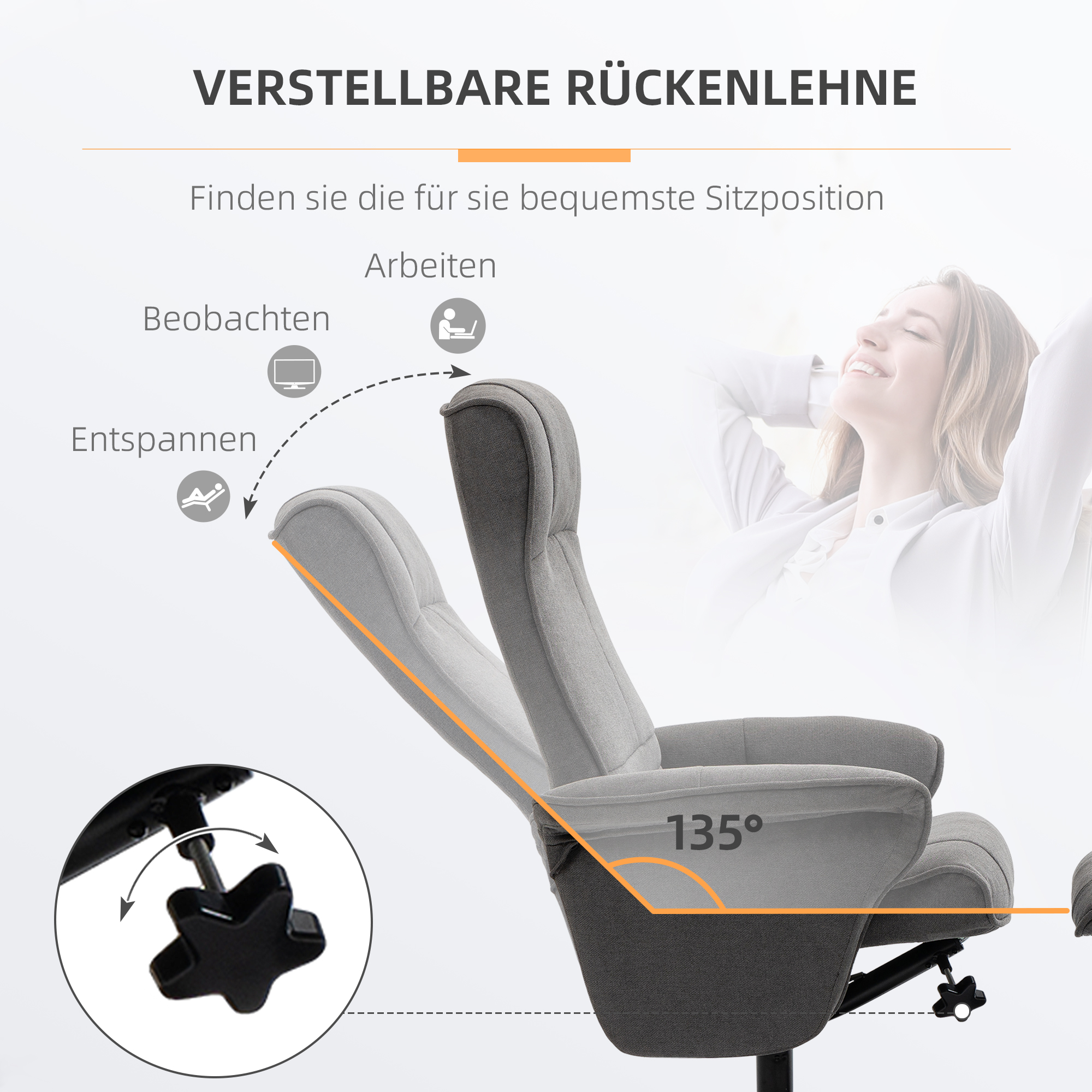 HOMCOM Relaxfauteuil met Voetenbankje, Verstelbare Rugleuning, 69 cm x 71 cm x 104 cm, Donkergrijs + Zwart