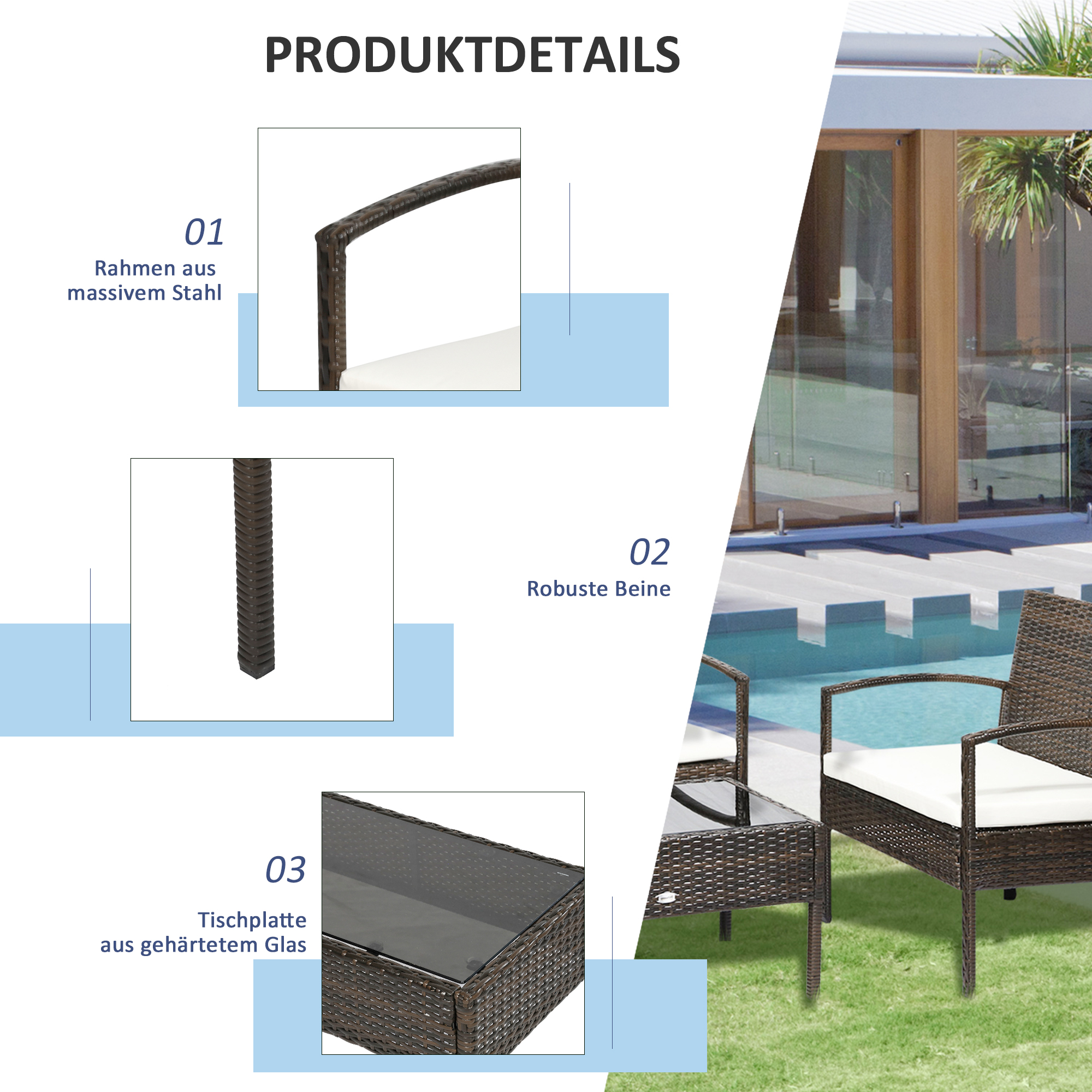 Outsunny poly rotan tuinmeubelset 4 delig bruin+crème wit