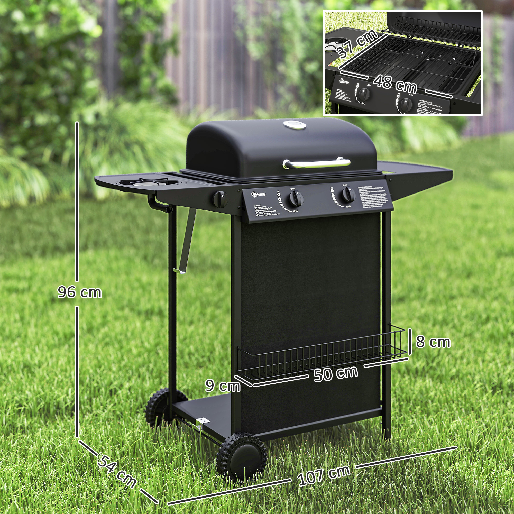Outsunny Gasbarbecue 7 KW met 3 Branders, Zijbrander, Rollen & Deksel 107 x 54 x 96 cm Zwart