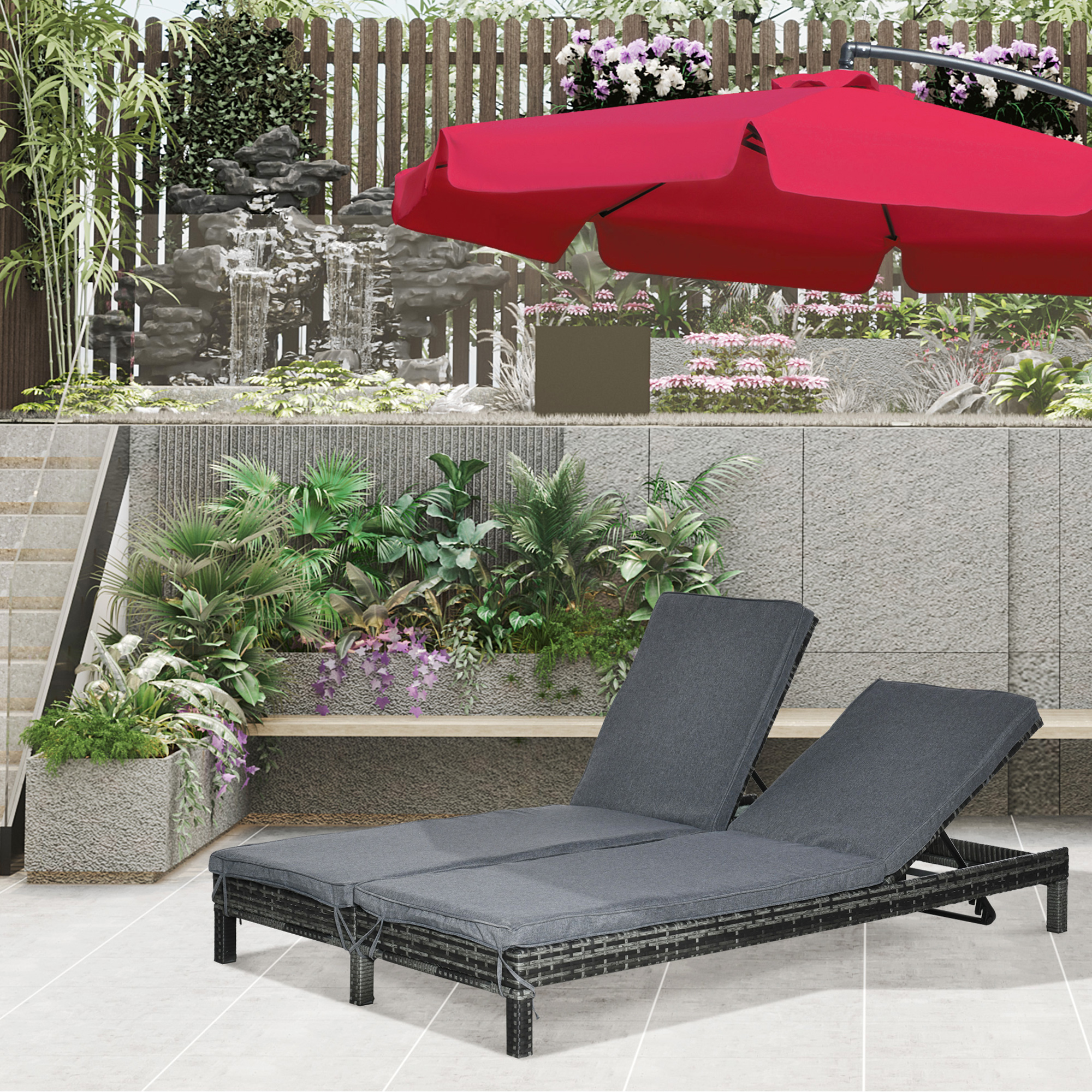 Outsunny ligbank voor buiten dubbele ligstoel relax ligstoel voor 2 personen 5 standen metaal PE-rotan grijs