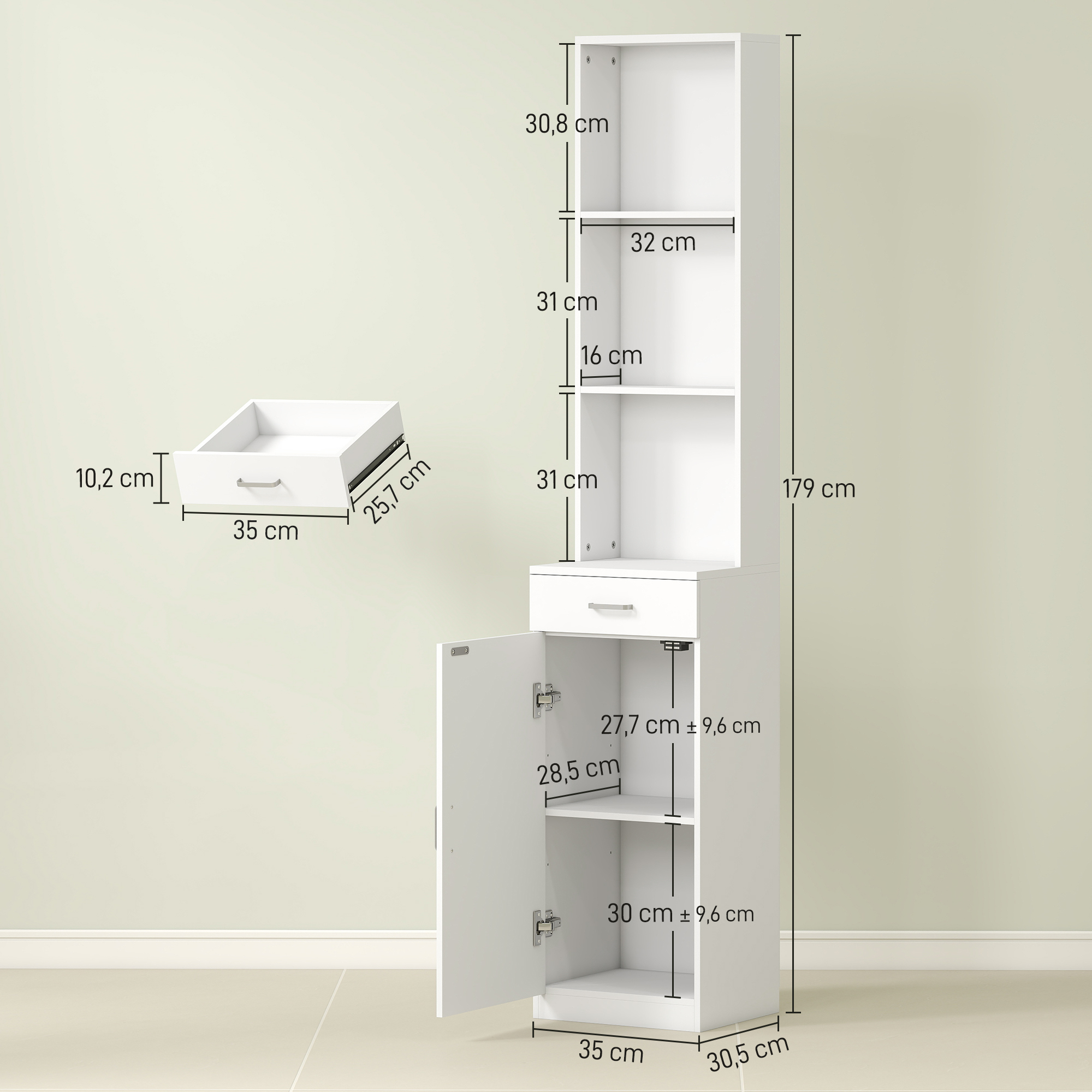 HOMCOM Hoge Badkamerkast, Smal Ontwerp, Lade, Schappen, Kast, Spaanplaat, Wit