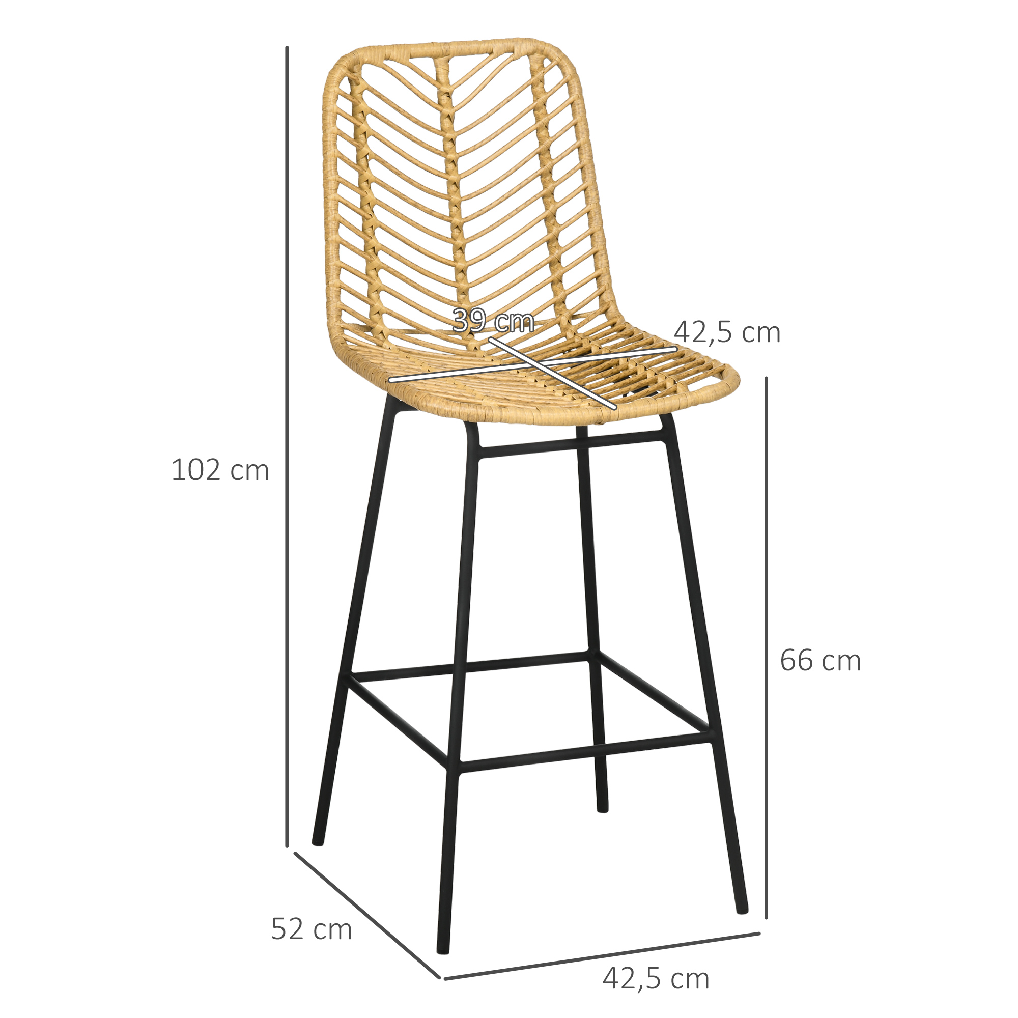 HOMCOM Set van 2 barkrukken in boho-design, PE-rotan, inclusief voetsteun, 42,5 cm x 52 cm x 102 cm, geel+zwart