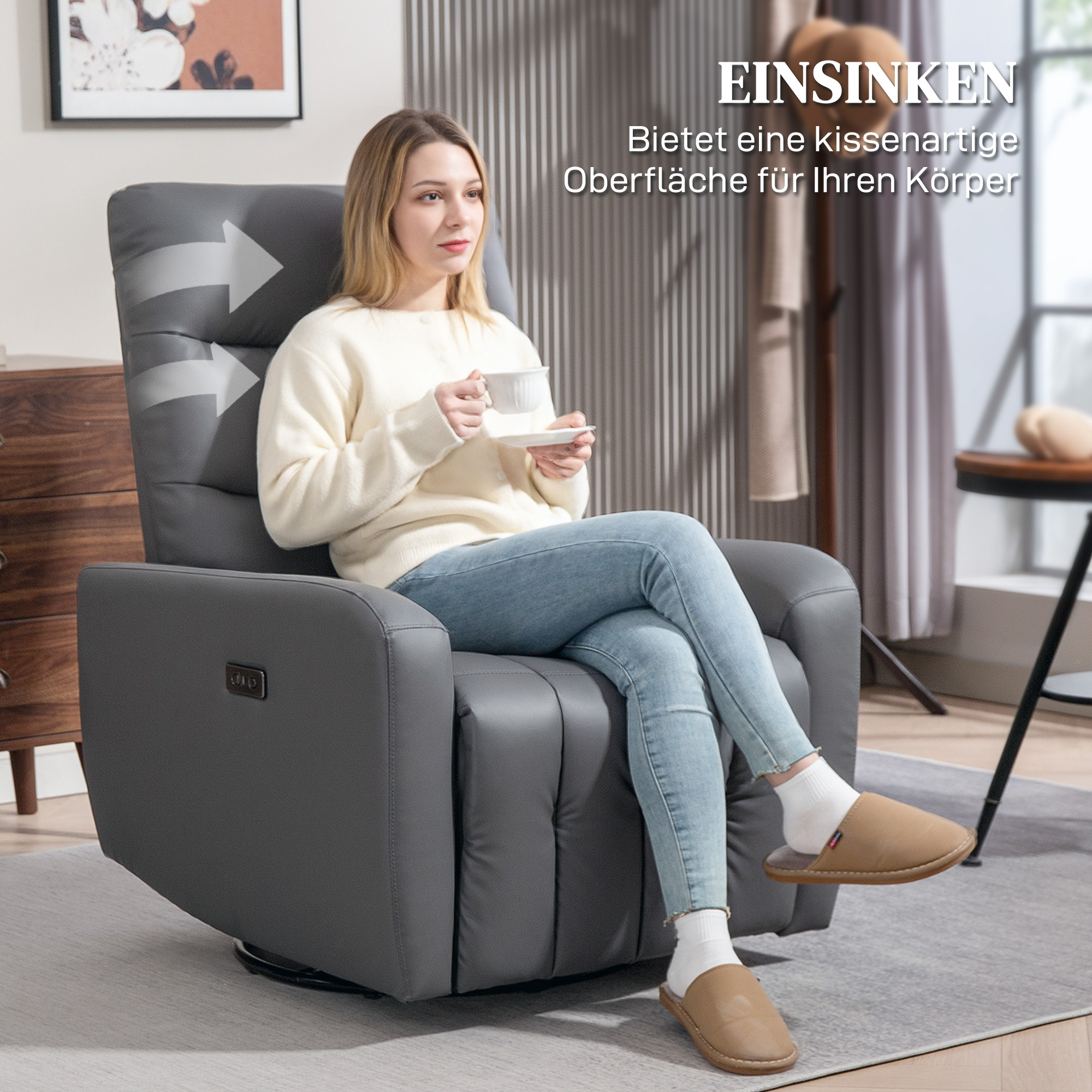 HOMCOM Relaxfauteuil, Gestoffeerde Stoel met Ligfunctie, Afstandsbediening, USB-aansluiting, Grijs