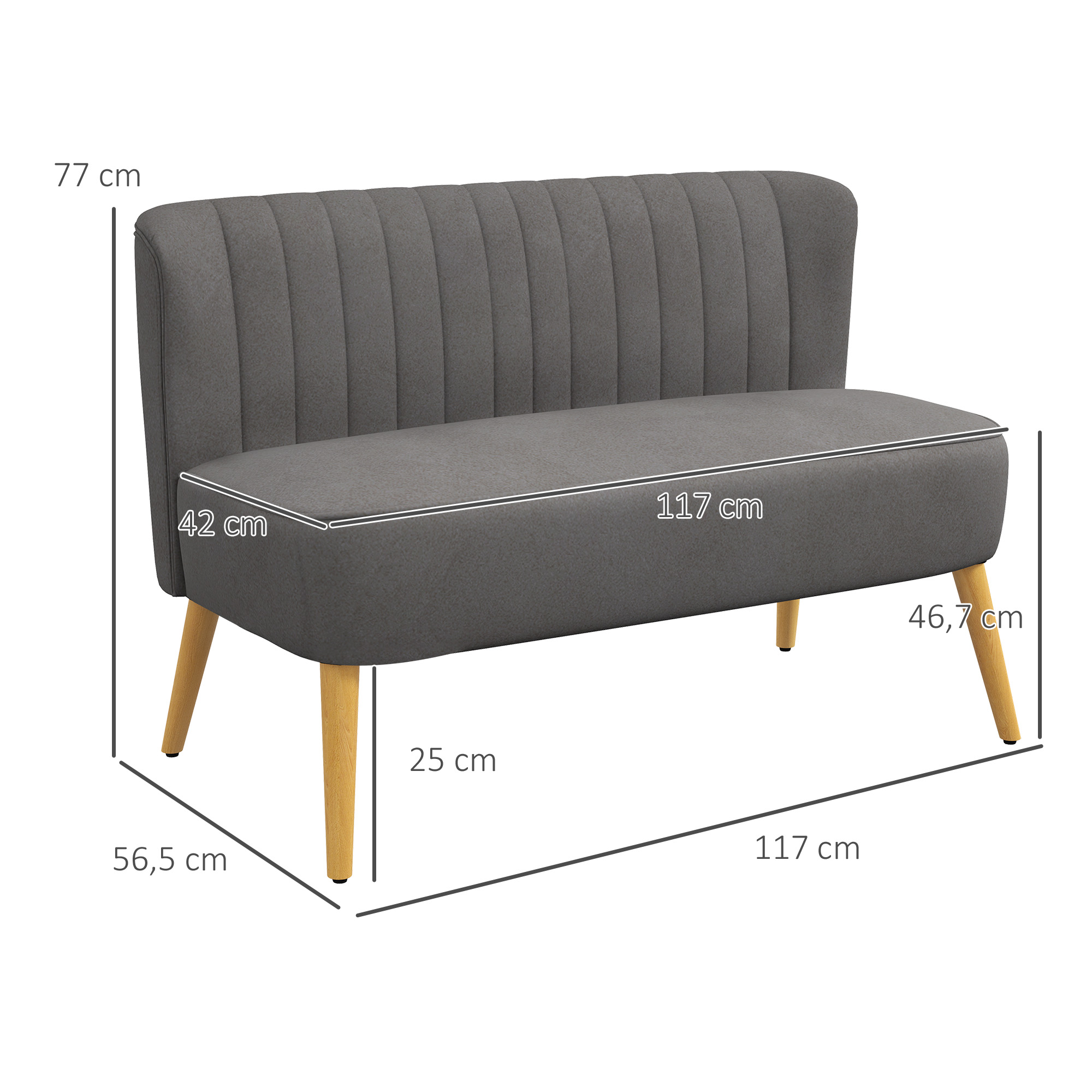 HOMCOM Sofa Retrodesign 2-zitsbank, houten poten, 117 cm x 56,5 cm x 77 cm, Donkergrijs