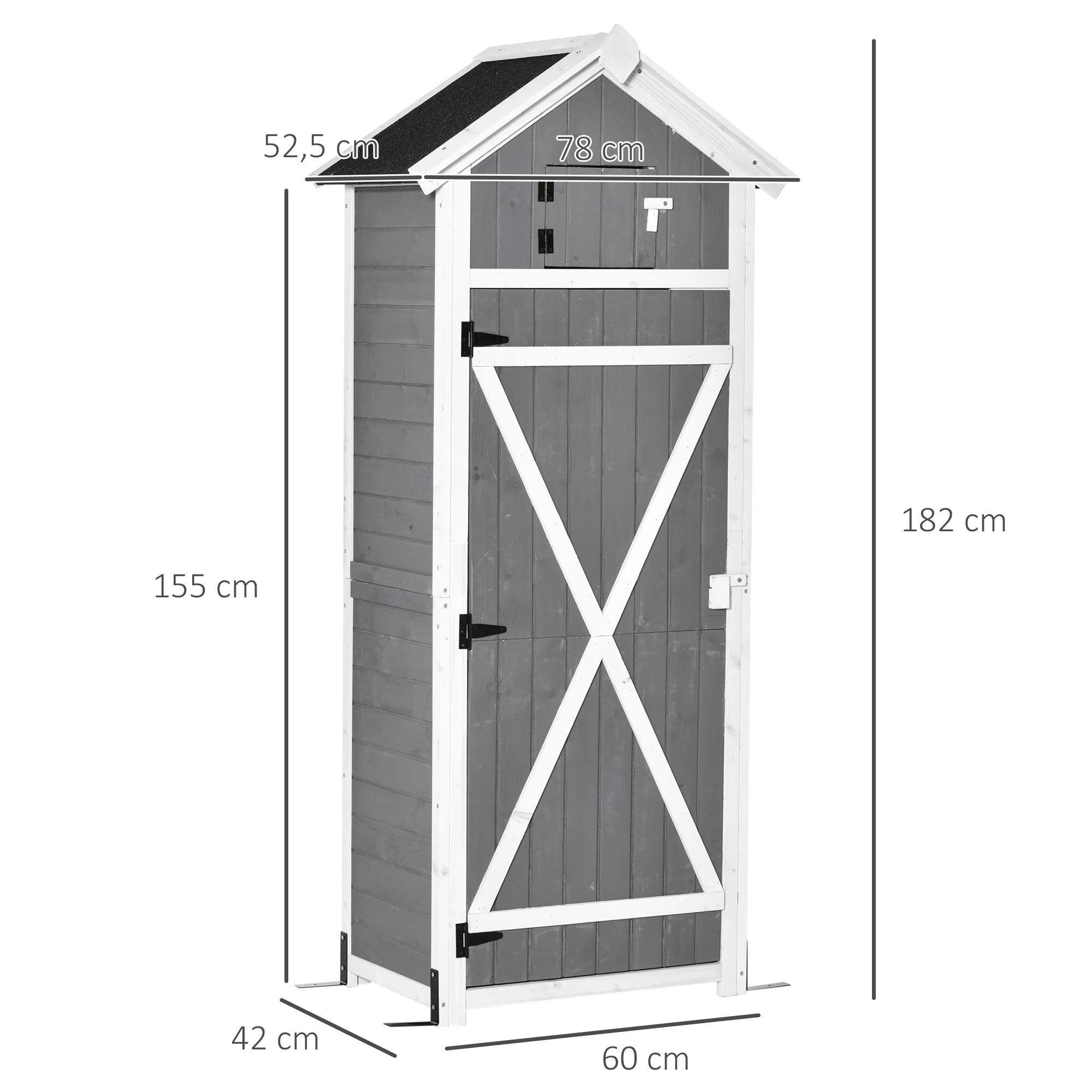Outsunny gereedschapsschuur met deur dak gereedschapsschuur met haken tuinopbergkast klaptafel outdoor grijs vurenhout 78 x 52,5 x 182 cm