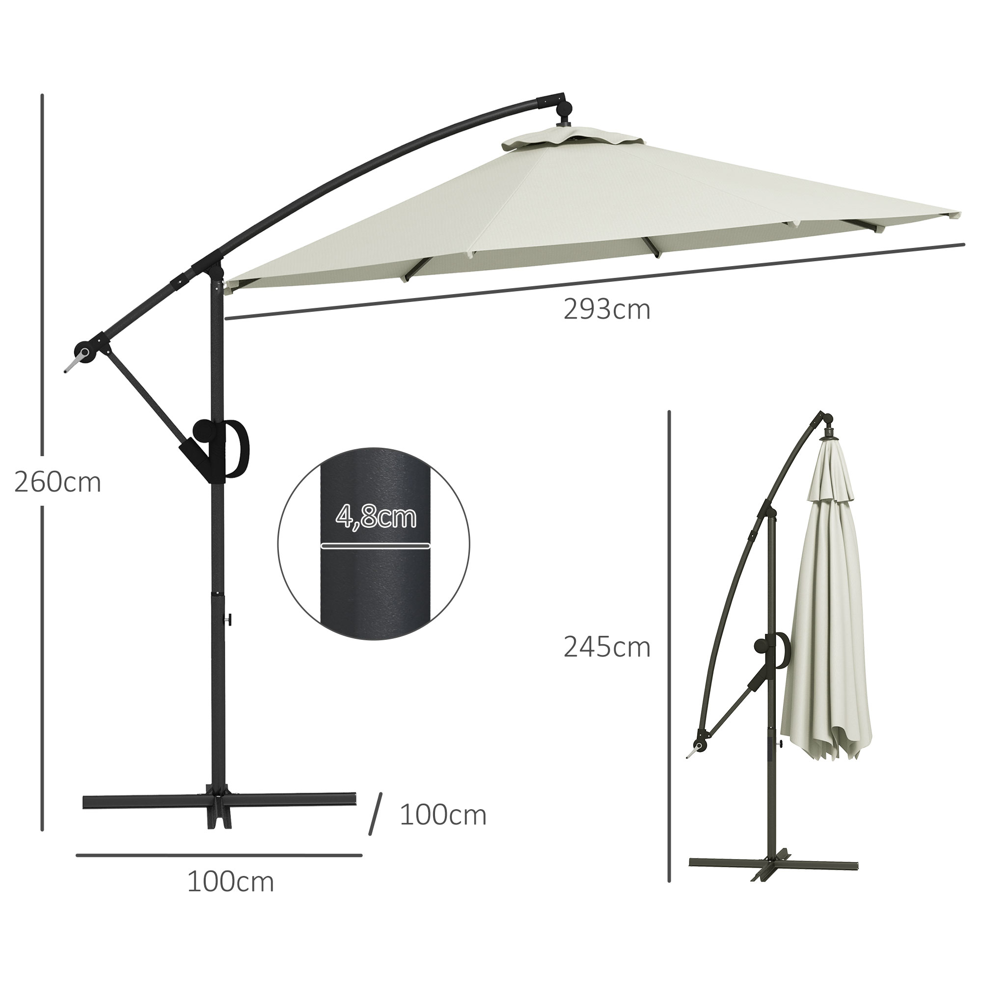 Outsunny Parasol Ampelscherm, inclusief Kruisvoet, 293 x 293 x 260 cm, Crème