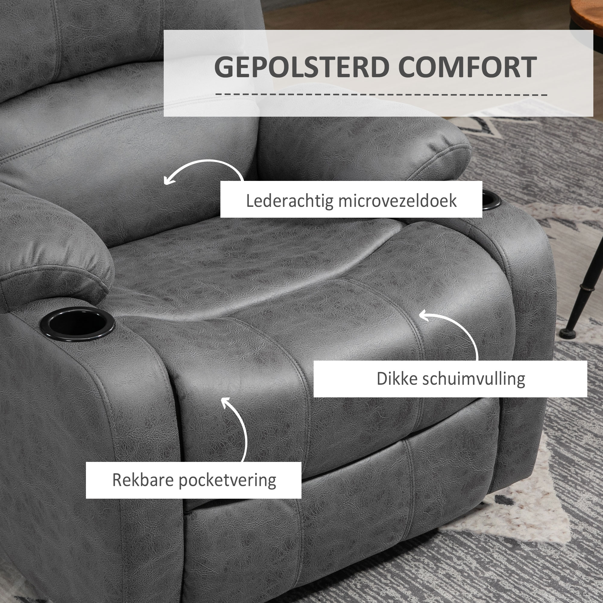 HOMCOM Fauteuil met voetsteun en ligfunctie, incl. bekerhouder, tv-fauteuil, grijs
