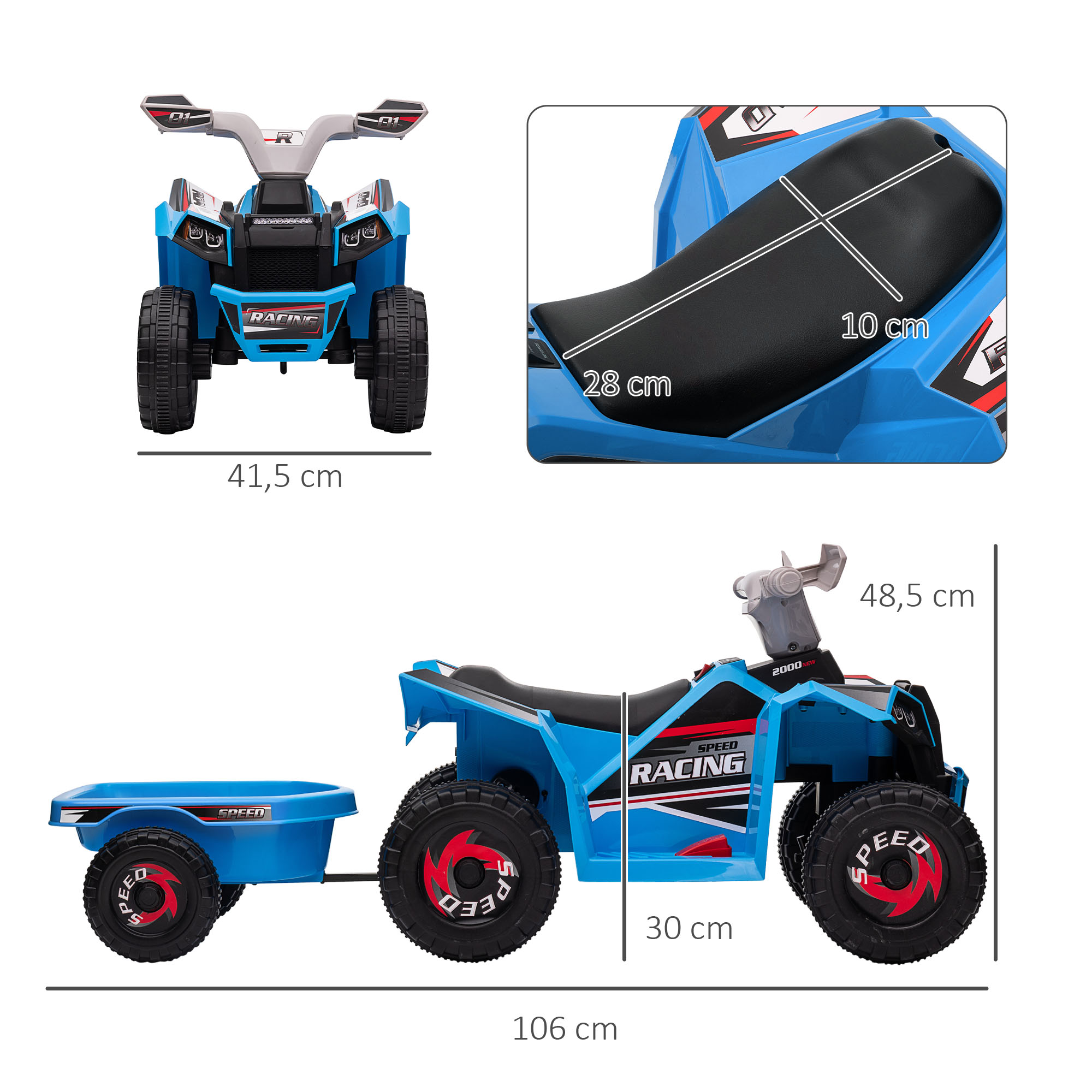 HOMCOM Kinderquad 2,5 km/h met aanhanger 50 minuten rijtijd achteruitversnelling metaal blauw