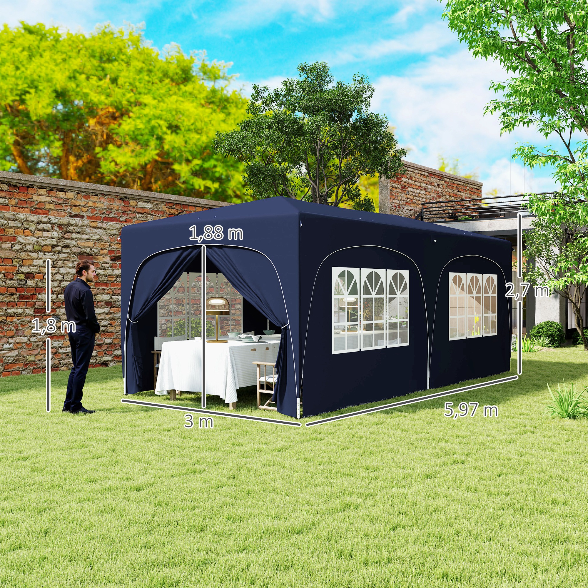 Outsunny 3 x 6 m Pop-up Paviljoen met Zijwanden, UPF50+ Hoogteverstelbaar Tuinpaviljoen met Draagtas en Zandzakken