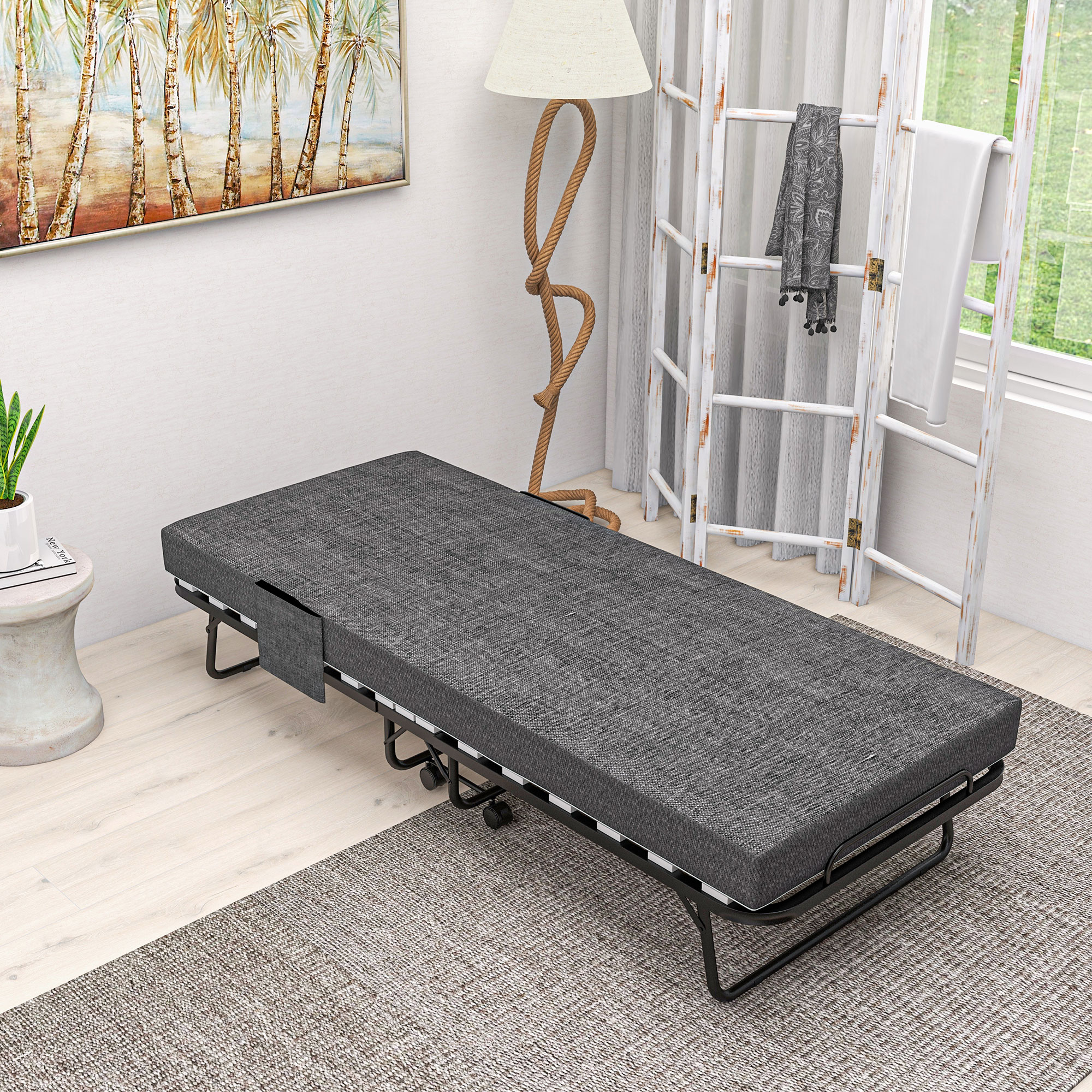 HOMCOM Opklapbed, Matras, 4 Wielen, Metalen Frame, Tot 150 kg, 190 x 80 x 42 cm, Donkergrijs