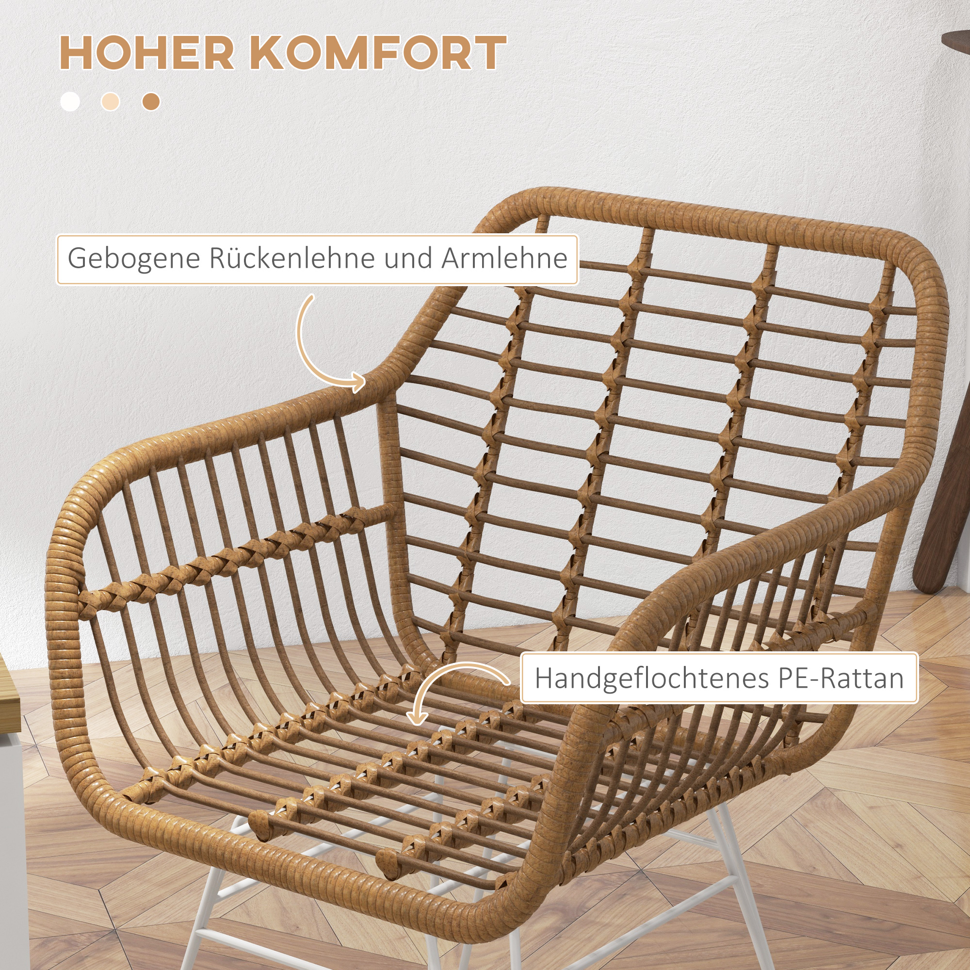HOMCOM 2-delige set stoelen in Boho-stijl, keukenstoelen, PE-Rattan, 56 x 60 x 79 cm, Natuur + Wit